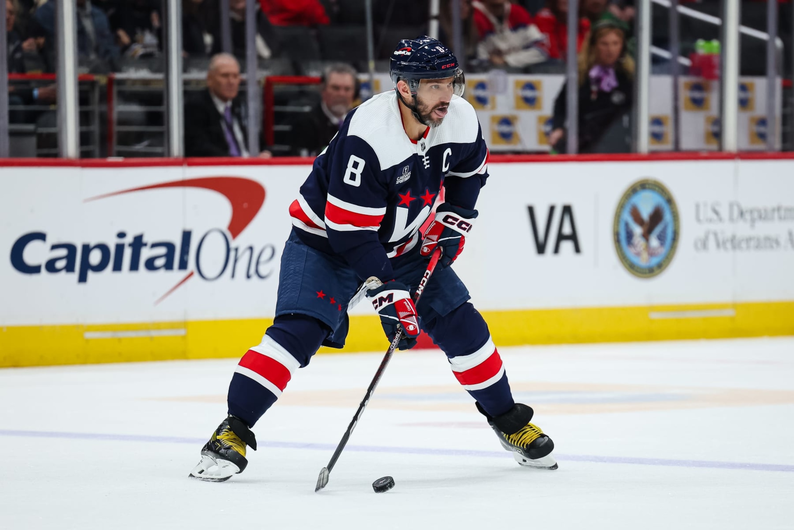 WASHINGTON, DC - NOVEMBER 08: Alex Ovechkin #8 of the Washington Capitals skates with the puck against the Florida Panthers during the first period of the game at Capital One Arena on November 8, 2023 in Washington, DC. (Photo by Scott Taetsch/Getty Images)