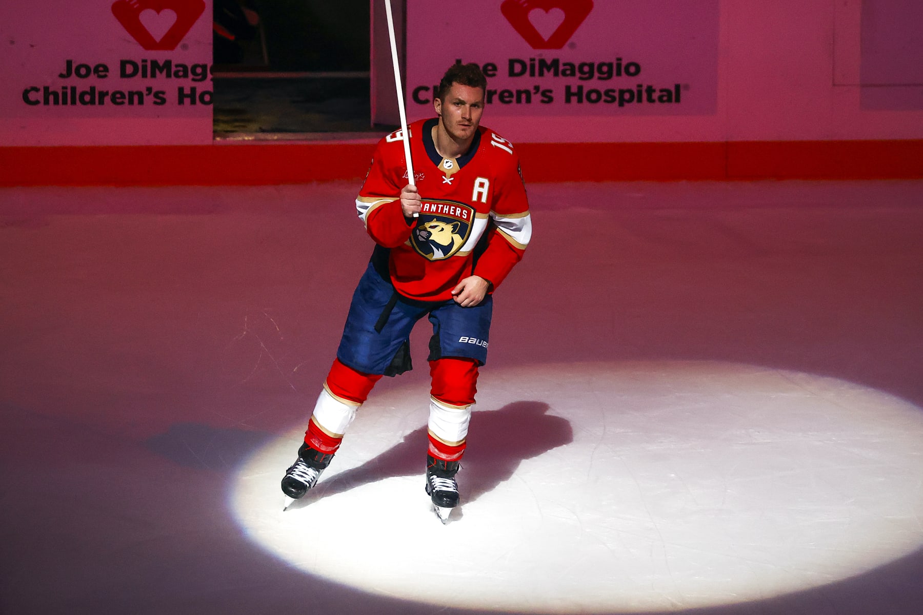 SUNRISE, FL - OCTOBER 28: Matthew Tkachuk #19 of the Florida Panthers skates onto the ice after being awarded the second star of the game for his olay against the Seattle Kraken at the Amerant Bank Arena on October 28, 2023 in Sunrise, Florida. (Photo by Joel Auerbach/Getty Images)