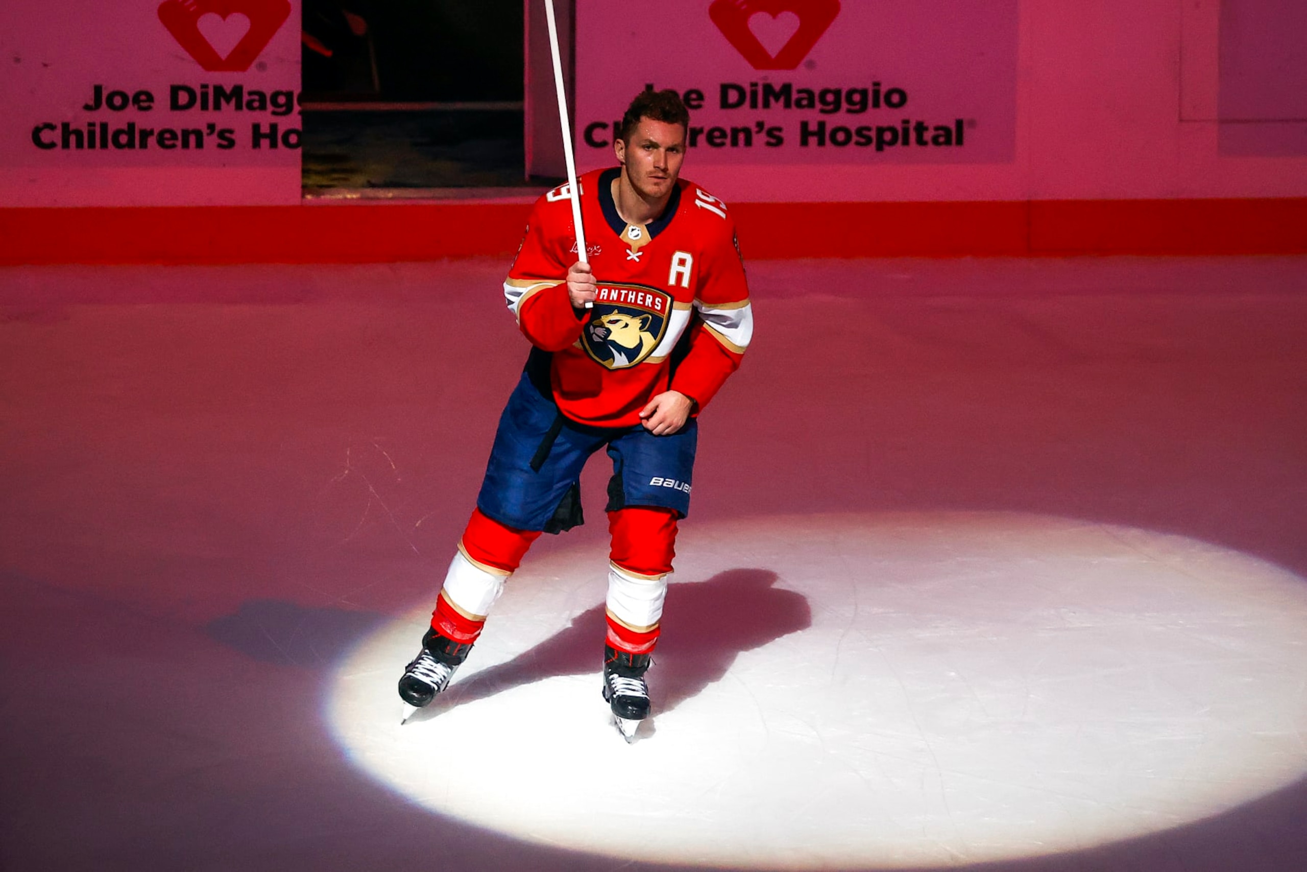 SUNRISE, FL - OCTOBER 28: Matthew Tkachuk #19 of the Florida Panthers skates onto the ice after being awarded the second star of the game for his olay against the Seattle Kraken at the Amerant Bank Arena on October 28, 2023 in Sunrise, Florida. (Photo by Joel Auerbach/Getty Images)