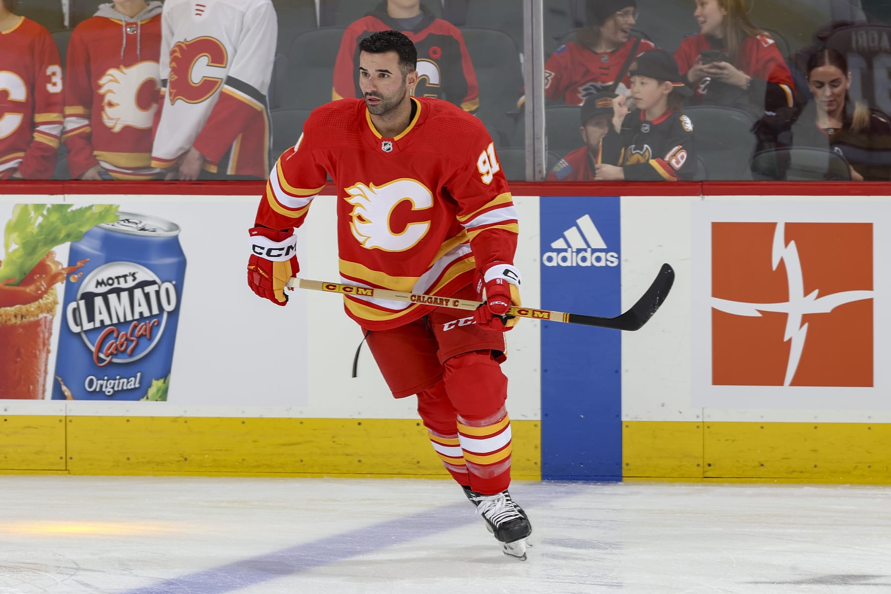 CALGARY, AB - NOVEMBER 1: Nazem Kadri #91 of the Calgary Flames skates during warmup prior to the game against the Dallas Stars at Scotiabank Saddledome on November 1, 2023 in Calgary, Alberta, Canada. (Photo by Gerry Thomas/NHLI via Getty Images)