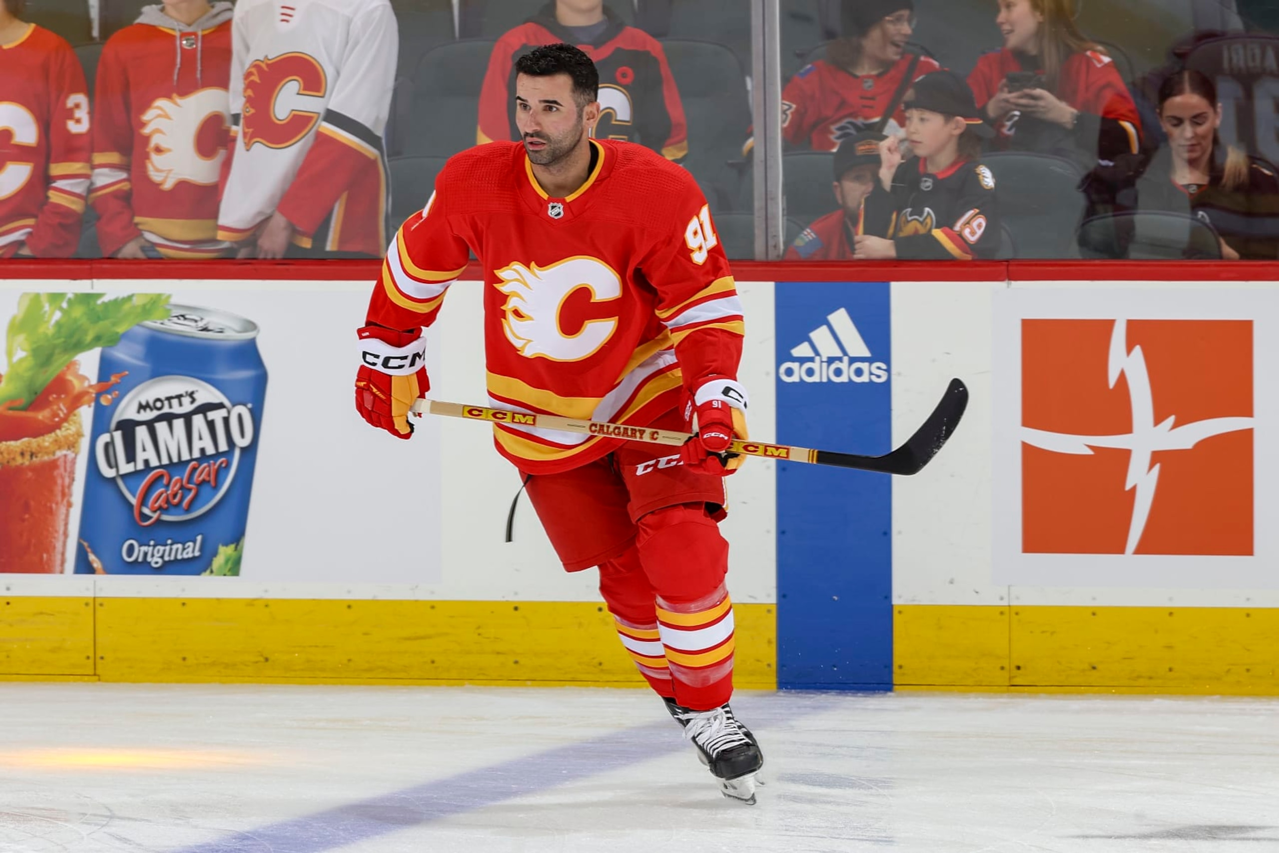 CALGARY, AB - NOVEMBER 1: Nazem Kadri #91 of the Calgary Flames skates during warmup prior to the game against the Dallas Stars at Scotiabank Saddledome on November 1, 2023 in Calgary, Alberta, Canada. (Photo by Gerry Thomas/NHLI via Getty Images)