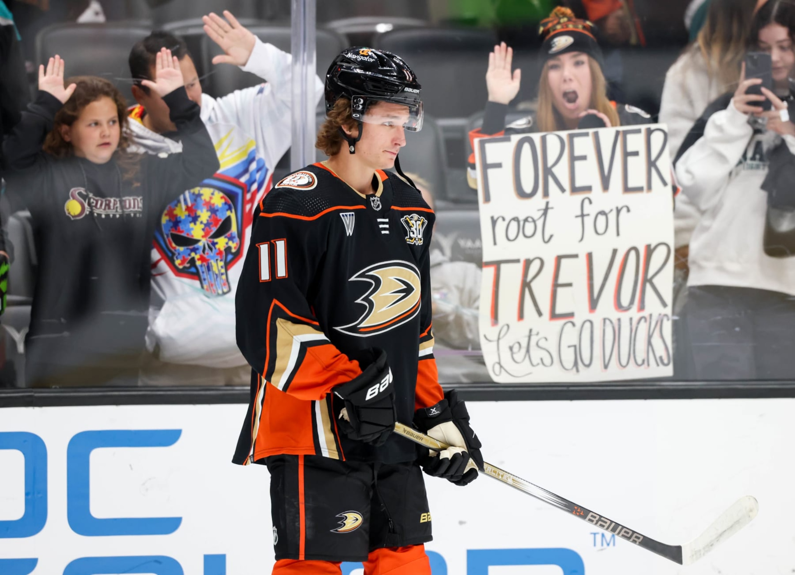 ANAHEIM, CA - NOVEMBER 1:  Trevor Zegras #11 of the Anaheim Ducks looks on during warm ups prior to the game against the Arizona Coyotes at Honda Center on November 1, 2023 in Anaheim, California. (Photo by Debora Robinson/NHLI via Getty Images)