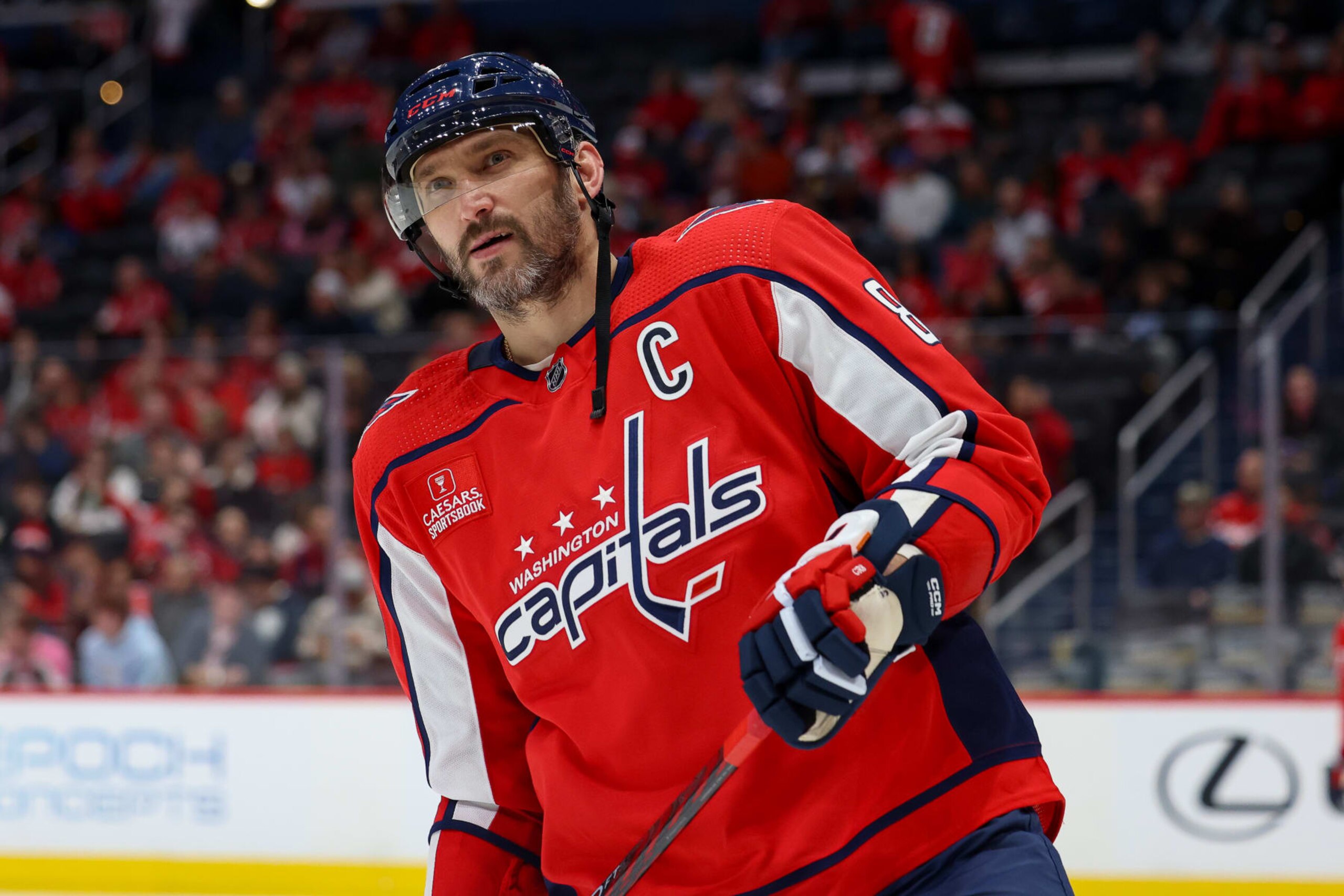 WASHINGTON, DC - NOVEMBER 4: Alex Ovechkin #8 of the Washington Capitals gets set for the second period during a game between against the Columbus Blue Jackets at Capital One Arena on November 4, 2023 in Washington, D.C. (Photo by John McCreary/NHLI via Getty Images)