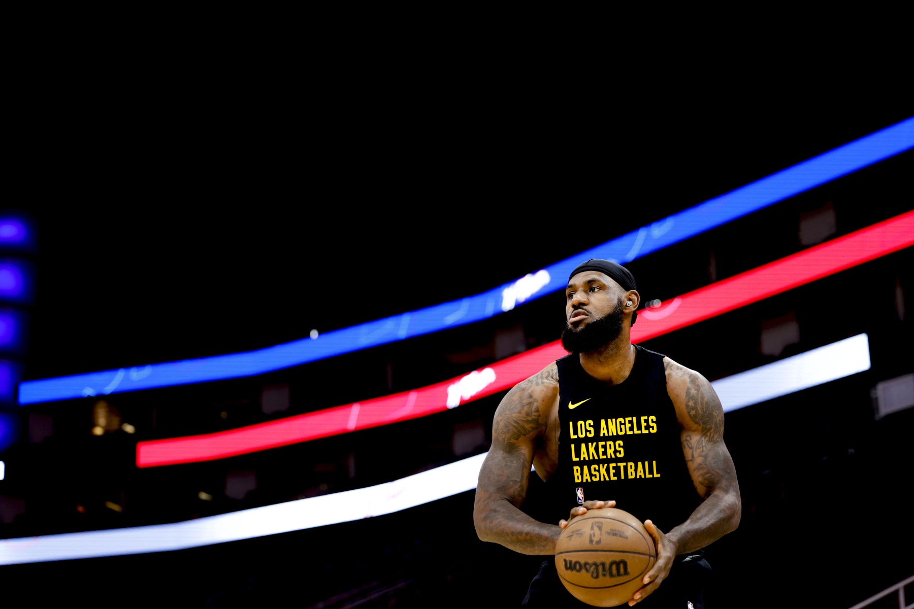 HOUSTON, TEXAS - NOVEMBER 08: LeBron James #23 of the Los Angeles Lakers warms up prior to facing the Houston Rockets at Toyota Center on November 08, 2023 in Houston, Texas. NOTE TO USER: User expressly acknowledges and agrees that, by downloading and or using this photograph, User is consenting to the terms and conditions of the Getty Images License Agreement.  (Photo by Carmen Mandato/Getty Images)
