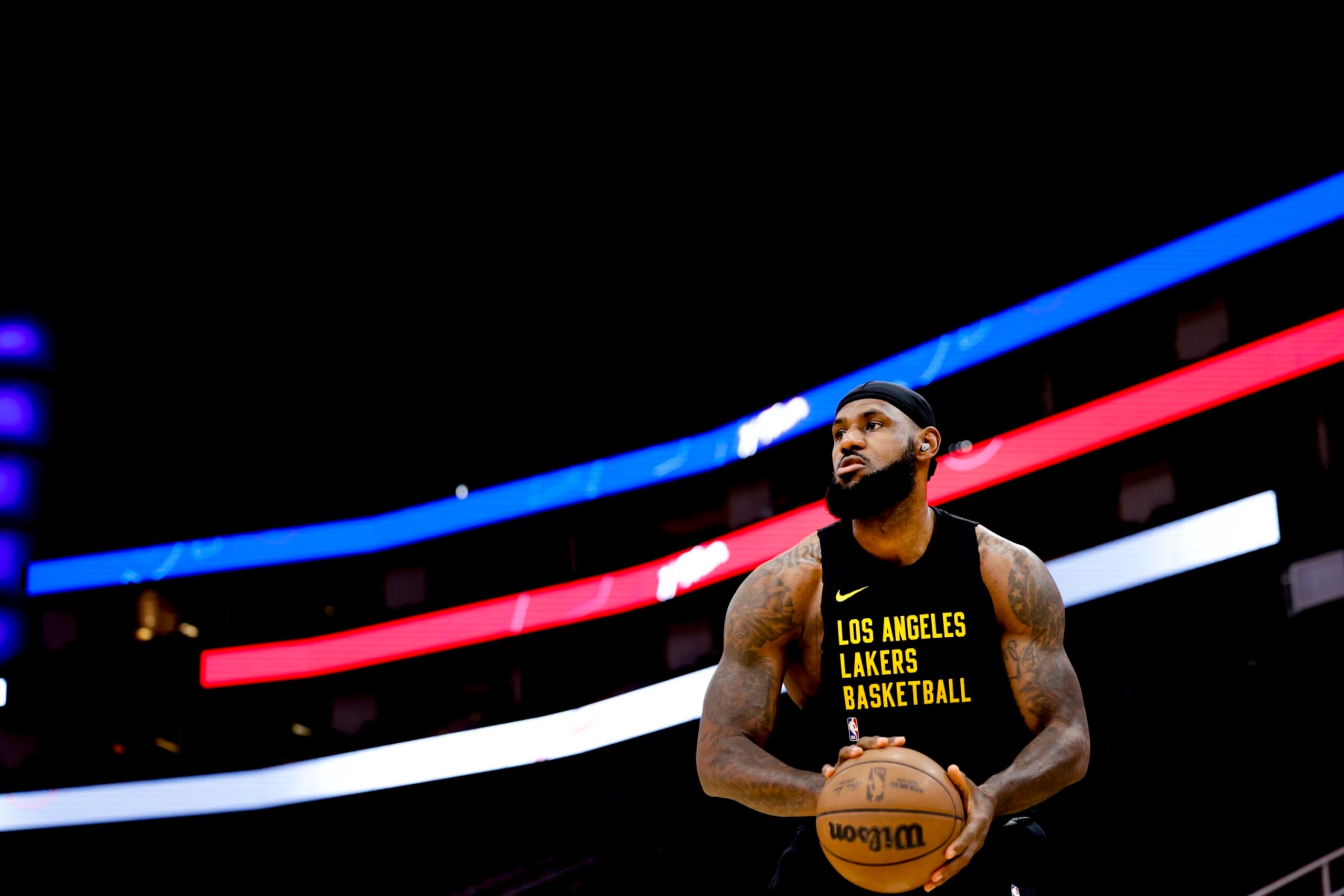 HOUSTON, TEXAS - NOVEMBER 08: LeBron James #23 of the Los Angeles Lakers warms up prior to facing the Houston Rockets at Toyota Center on November 08, 2023 in Houston, Texas. NOTE TO USER: User expressly acknowledges and agrees that, by downloading and or using this photograph, User is consenting to the terms and conditions of the Getty Images License Agreement.  (Photo by Carmen Mandato/Getty Images)