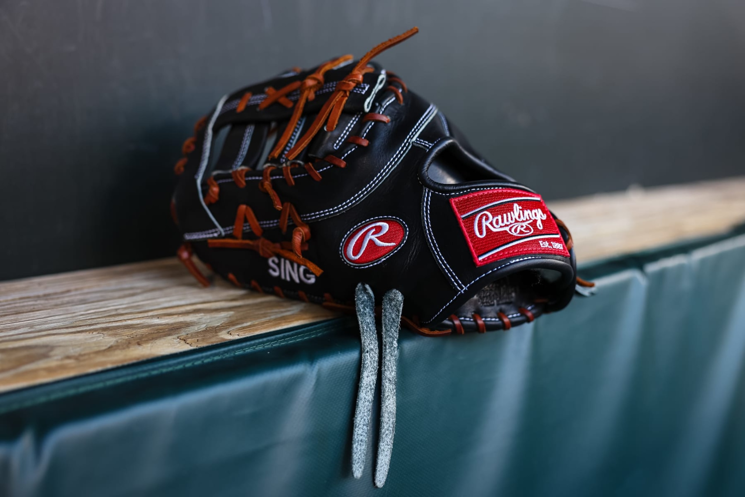 BALTIMORE, MD - AUGUST 08: A general view of a Rawlings glove in the Houston Astros dugout before the game against the Baltimore Orioles at Oriole Park at Camden Yards on August 8, 2023 in Baltimore, Maryland. (Photo by Scott Taetsch/Getty Images)
