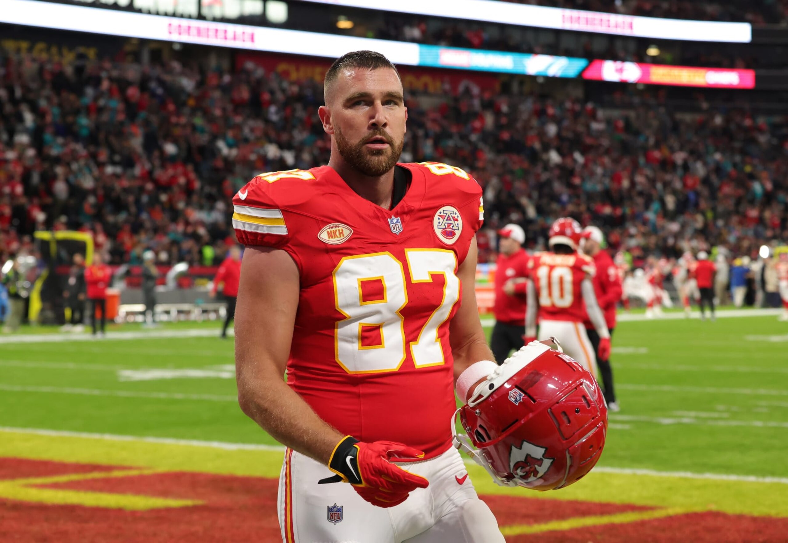 FRANKFURT AM MAIN, GERMANY - NOVEMBER 5: Travis Kelce of Kansas City Chiefs looks on ahead of the NFL match between Miami Dolphins and Kansas City Chiefs at Deutsche Bank Park on November 5, 2023 in Frankfurt am Main, Germany. (Photo by Ralf Ibing - firo sportphoto/Getty Images)