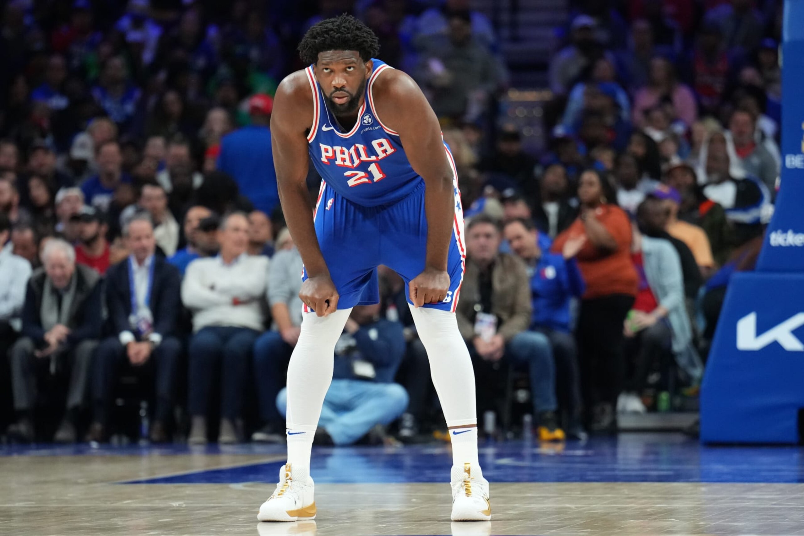 PHILADELPHIA, PA - NOVEMBER 8: Joel Embiid #21 of the Philadelphia 76ers looks on during the game against the Boston Celtics on November 8, 2023 at the Wells Fargo Center in Philadelphia, Pennsylvania NOTE TO USER: User expressly acknowledges and agrees that, by downloading and/or using this Photograph, user is consenting to the terms and conditions of the Getty Images License Agreement. Mandatory Copyright Notice: Copyright 2023 NBAE (Photo by Jesse D. Garrabrant/NBAE via Getty Images)