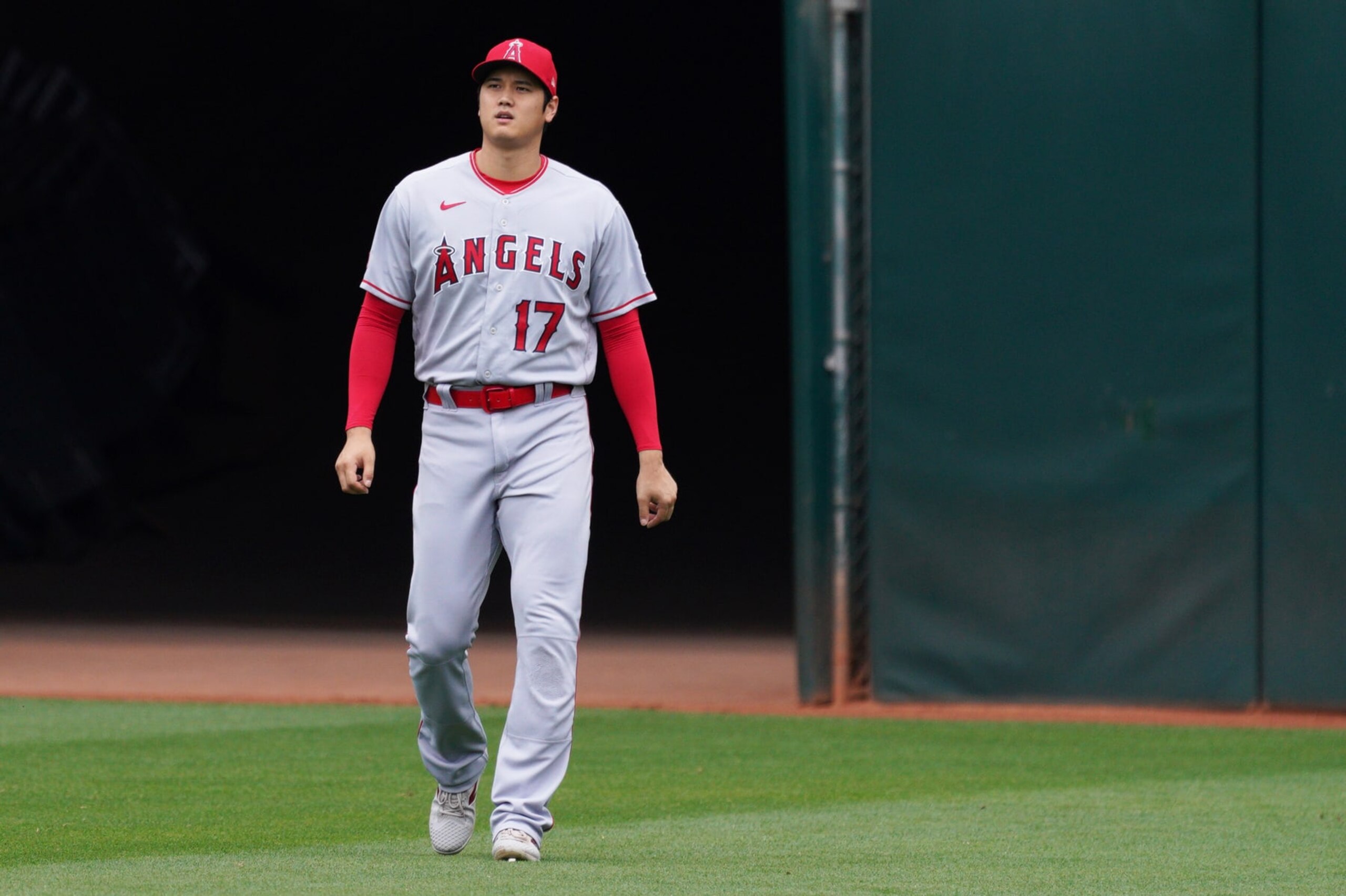 OAKLAND, CA - SEPTEMBER 02: Shohei Ohtani #17 of the Los Angeles Angels looks on prior to the game between the Los Angeles Angels and the Oakland Athletics at RingCentral Coliseum on Saturday, September 2, 2023 in Oakland, California. (Photo by Loren Elliott/MLB Photos via Getty Images)