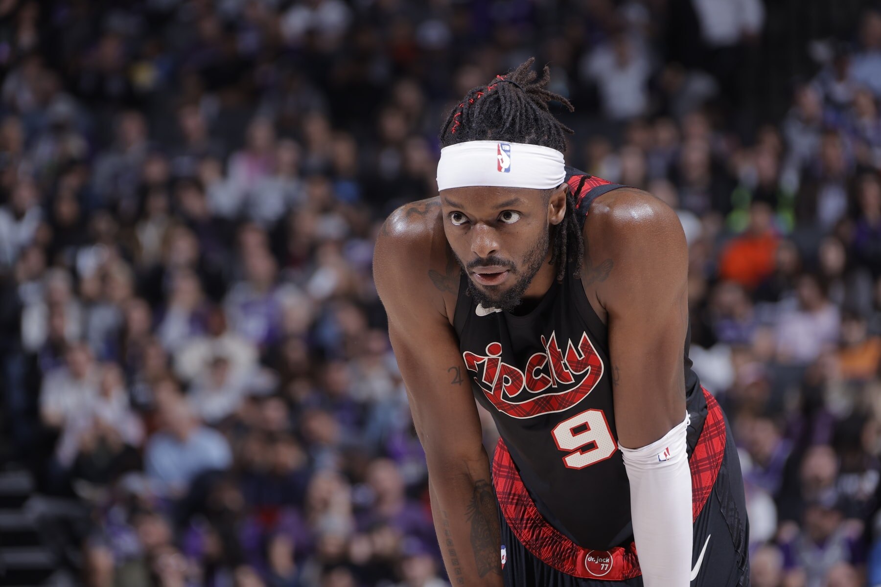 SACRAMENTO, CA - NOVEMBER 8: Jerami Grant #9 of the Portland Trail Blazers looks on during the game against the Sacramento Kings on November 8, 2023 at Golden 1 Center in Sacramento, California. NOTE TO USER: User expressly acknowledges and agrees that, by downloading and or using this Photograph, user is consenting to the terms and conditions of the Getty Images License Agreement. Mandatory Copyright Notice: Copyright 2023 NBAE (Photo by Rocky Widner/NBAE via Getty Images)