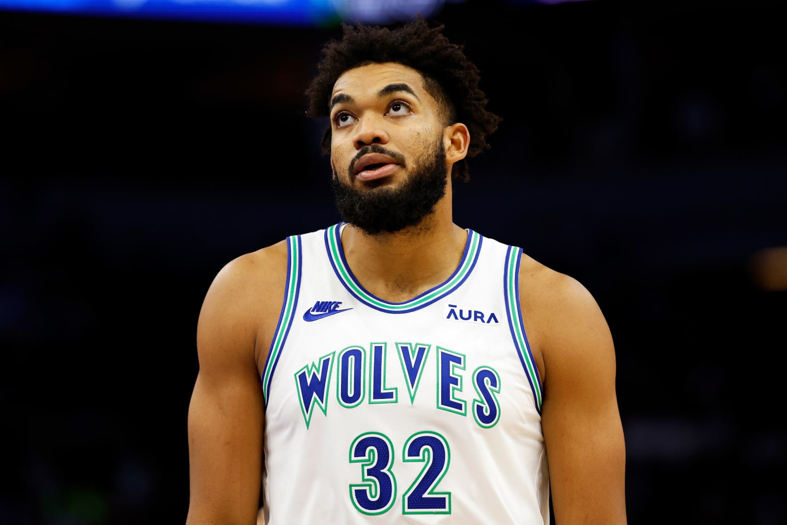 MINNEAPOLIS, MINNESOTA - NOVEMBER 08: Karl-Anthony Towns #32 of the Minnesota Timberwolves looks on against the New Orleans Pelicans in the fourth quarter at Target Center on November 08, 2023 in Minneapolis, Minnesota. The Timberwolves defeated the Pelicans 122-101. NOTE TO USER: User expressly acknowledges and agrees that, by downloading and or using this photograph, User is consenting to the terms and conditions of the Getty Images License Agreement. (Photo by David Berding/Getty Images) MINNEAPOLIS, MINNESOTA - NOVEMBER 08: Karl-Anthony Towns #32 of the Minnesota Timberwolves looks on against the New Orleans Pelicans in the fourth quarter at Target Center on November 08, 2023 in Minneapolis, Minnesota. The Timberwolves defeated the Pelicans 122-101. NOTE TO USER: User expressly acknowledges and agrees that, by downloading and or using this photograph, User is consenting to the terms and conditions of the Getty Images License Agreement. (Photo by David Berding/Getty Images)