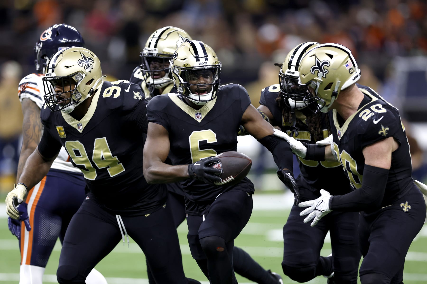 NEW ORLEANS, LOUISIANA - NOVEMBER 05: Marcus Maye #6 of the New Orleans Saints celebrates after intercepting a pass against the Chicago Bears during the fourth quarter at Caesars Superdome on November 05, 2023 in New Orleans, Louisiana. (Photo by Wesley Hitt/Getty Images)