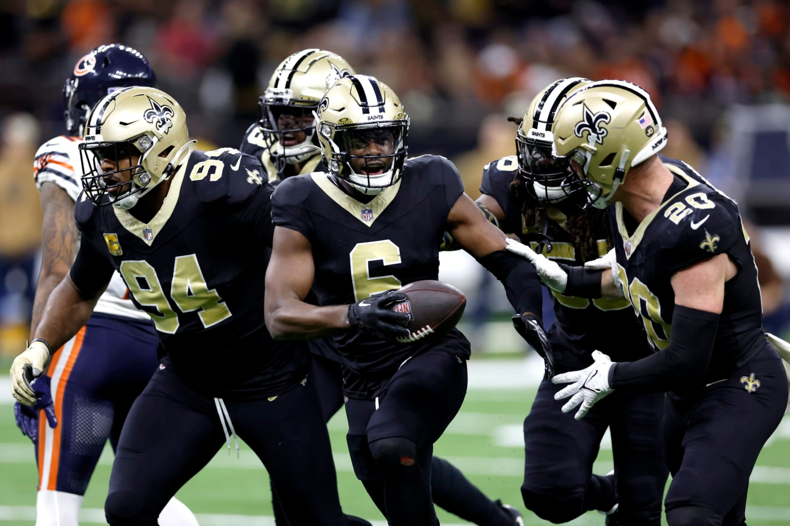 NEW ORLEANS, LOUISIANA - NOVEMBER 05: Marcus Maye #6 of the New Orleans Saints celebrates after intercepting a pass against the Chicago Bears during the fourth quarter at Caesars Superdome on November 05, 2023 in New Orleans, Louisiana. (Photo by Wesley Hitt/Getty Images) NEW ORLEANS, LOUISIANA - NOVEMBER 05: Marcus Maye #6 of the New Orleans Saints celebrates after intercepting a pass against the Chicago Bears during the fourth quarter at Caesars Superdome on November 05, 2023 in New Orleans, Louisiana. (Photo by Wesley Hitt/Getty Images)