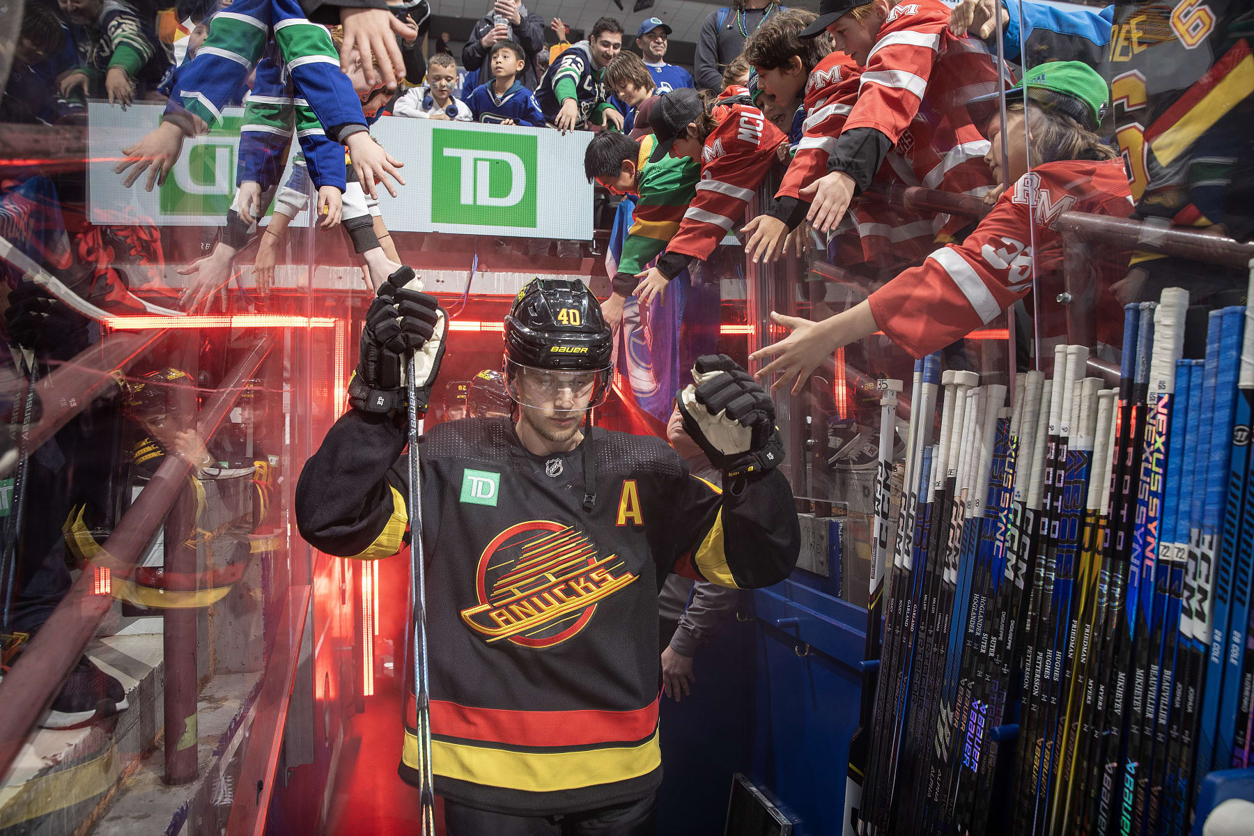 VANCOUVER, CANADA - NOVEMBER 6: Elias Pettersson #40 of the Vancouver Canucks enters the ice during warm up before their NHL game against the Edmonton Oilers at Rogers Arena on November 6, 2023 in Vancouver, British Columbia, Canada.  (Photo by Jeff Vinnick/NHLI via Getty Images)