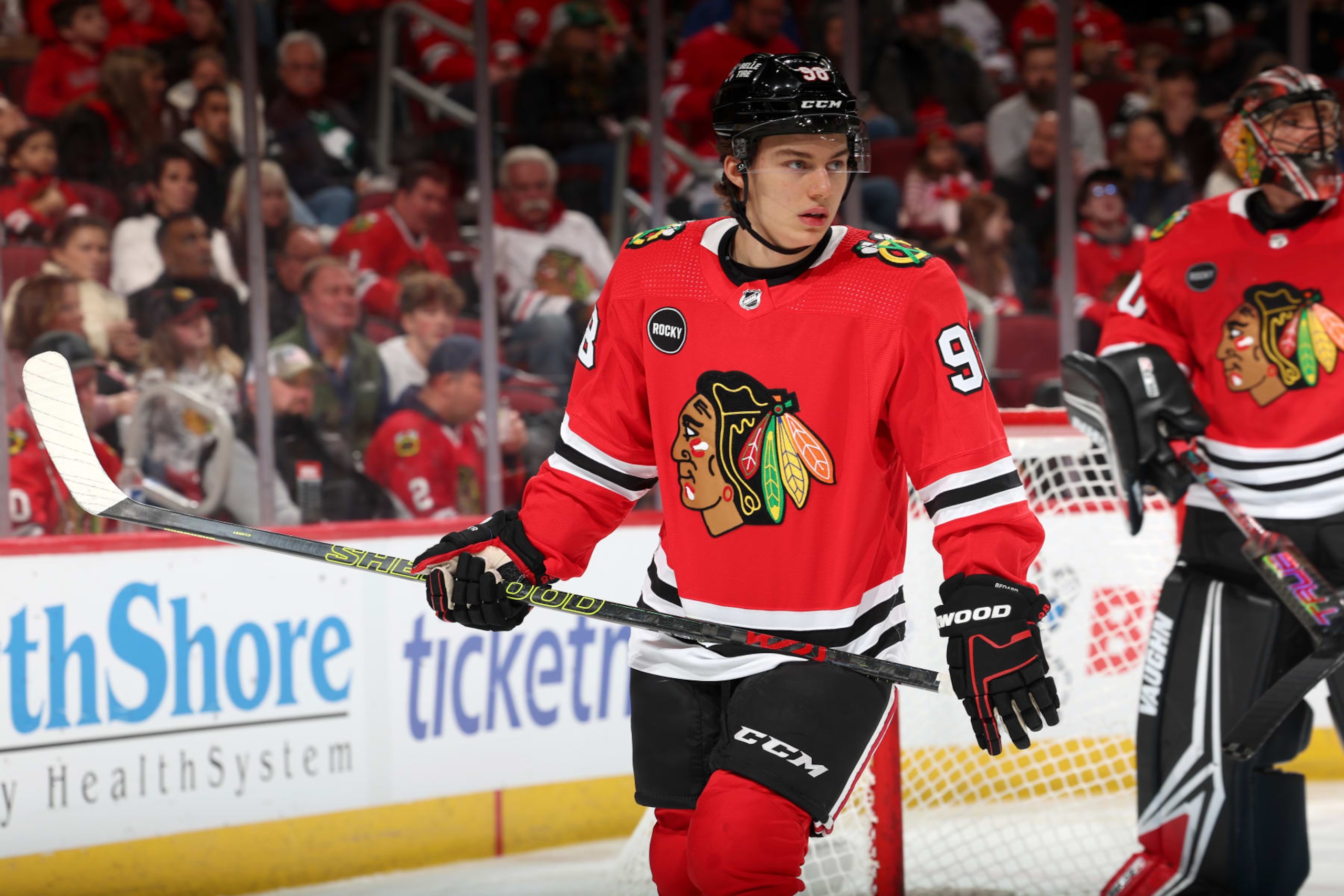 CHICAGO, ILLINOIS - NOVEMBER 05: Connor Bedard #98 of the Chicago Blackhawks looks on in the first period against the New Jersey Devils at the United Center on November 05, 2023 in Chicago, Illinois. (Photo by Chase Agnello-Dean/NHLI via Getty Images)
