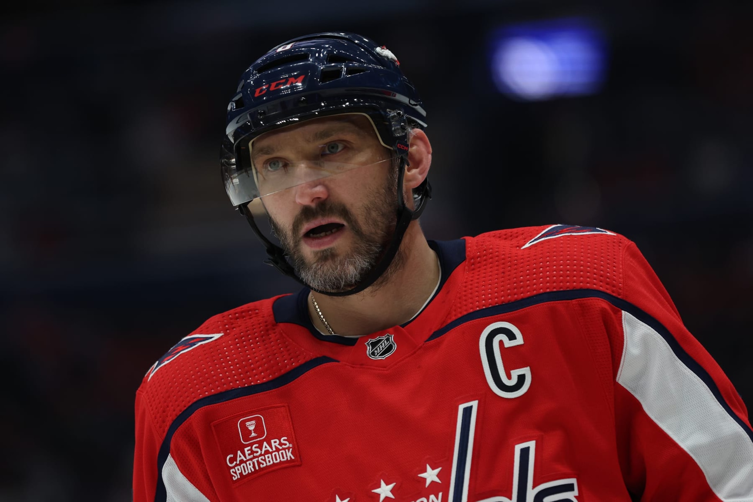 WASHINGTON, DC - NOVEMBER 04: Alex Ovechkin #8 of the Washington Capitals looks on against the Columbus Blue Jackets at Capital One Arena on November 04, 2023 in Washington, DC. (Photo by Patrick Smith/Getty Images)