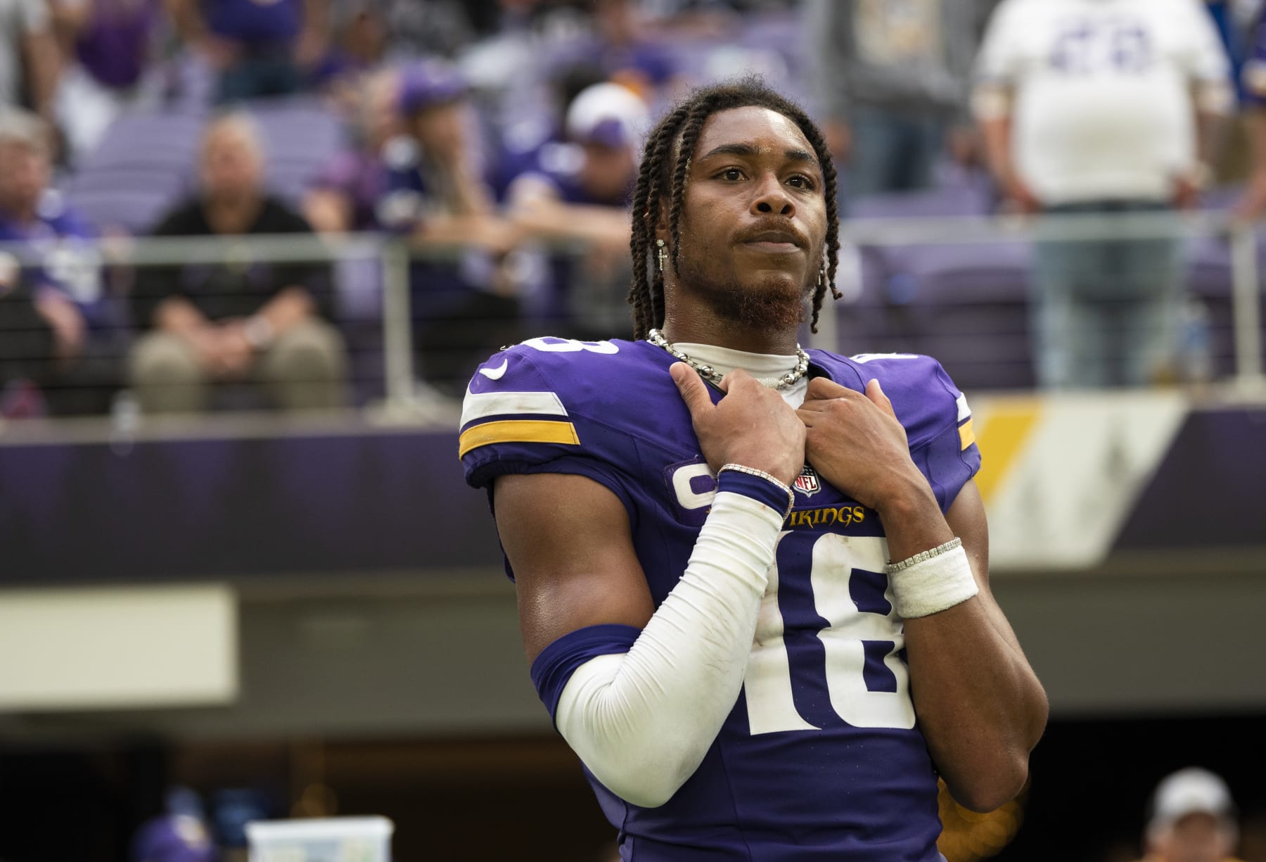MINNEAPOLIS, MINNESOTA - SEPTEMBER 24: Justin Jefferson #18 of the Minnesota Vikings looks on after the game against the Los Angeles Chargers at U.S. Bank Stadium on September 24, 2023 in Minneapolis, Minnesota. (Photo by Stephen Maturen/Getty Images)