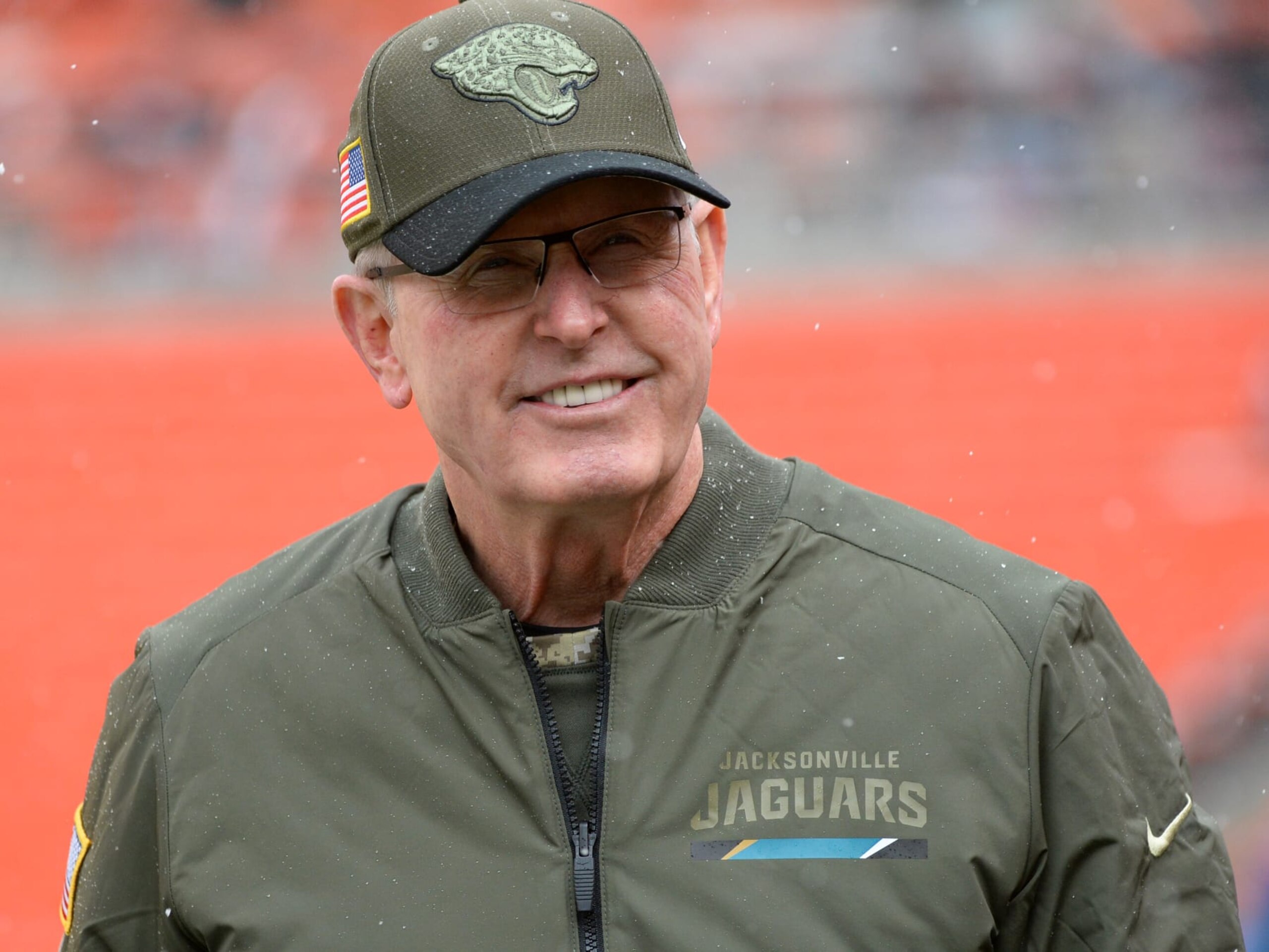 CLEVELAND, OH - NOVEMBER 19, 2017: Executive vice president of football operations Tom Coughlin of the Jacksonville Jaguars walks onto the field prior to a game on November 19, 2017 against the Cleveland Browns at FirstEnergy Stadium in Cleveland, Ohio. Jacksonville won 19-7. (Photo by: 2017 Nick Cammett/Diamond Images/Getty Images)  