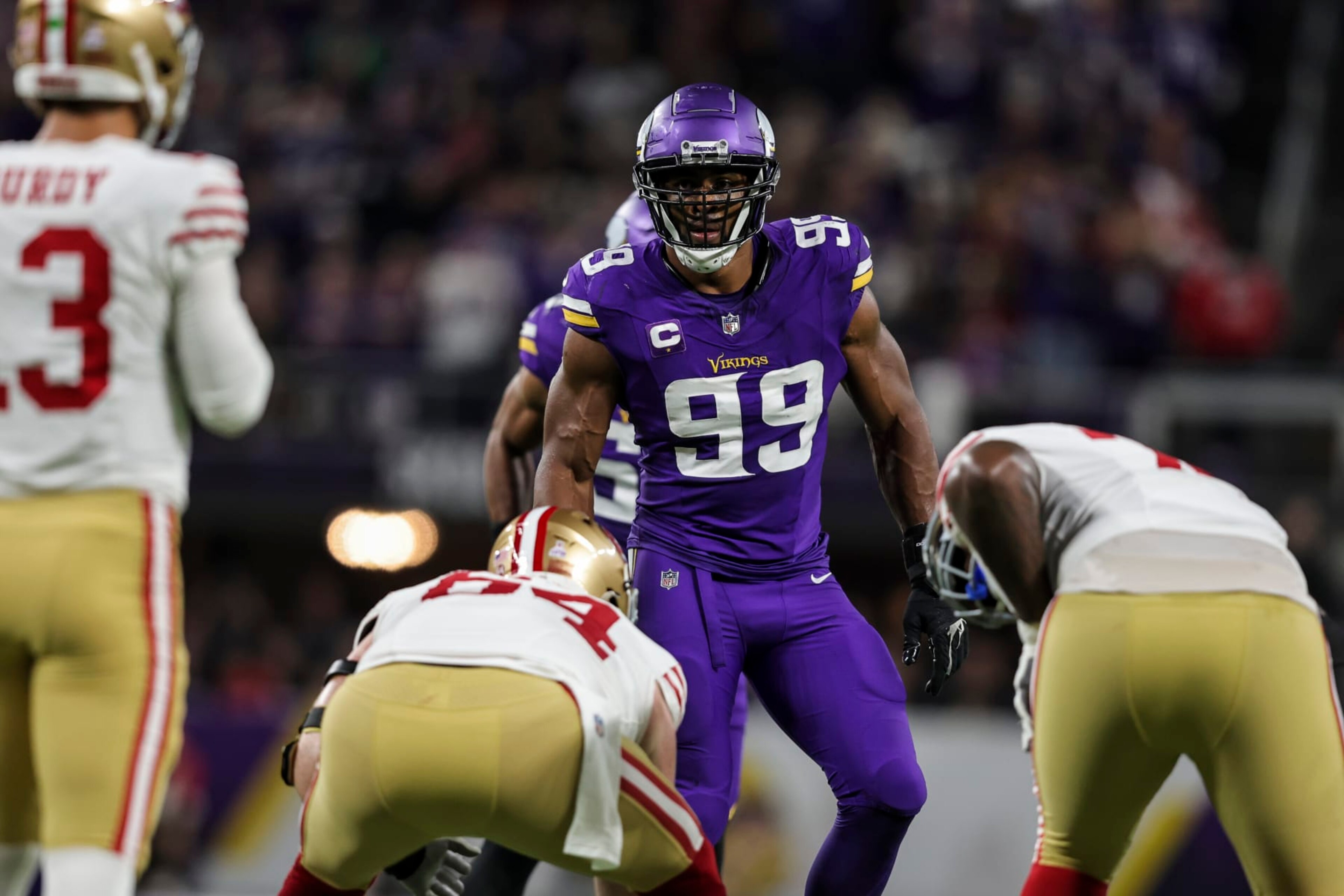 MINNEAPOLIS, MINNESOTA - OCTOBER 23: Danielle Hunter #99 of the Minnesota Vikings looks on at Brock Purdy #13 of the San Francisco 49ers during an NFL football game between the Minnesota Vikings and the San Francisco 49ers at U.S. Bank Stadium on October 23, 2023 in Minneapolis, Minnesota. (Photo by Michael Owens/Getty Images) MINNEAPOLIS, MINNESOTA - OCTOBER 23: Danielle Hunter #99 of the Minnesota Vikings looks on at Brock Purdy #13 of the San Francisco 49ers during an NFL football game between the Minnesota Vikings and the San Francisco 49ers at U.S. Bank Stadium on October 23, 2023 in Minneapolis, Minnesota. (Photo by Michael Owens/Getty Images)