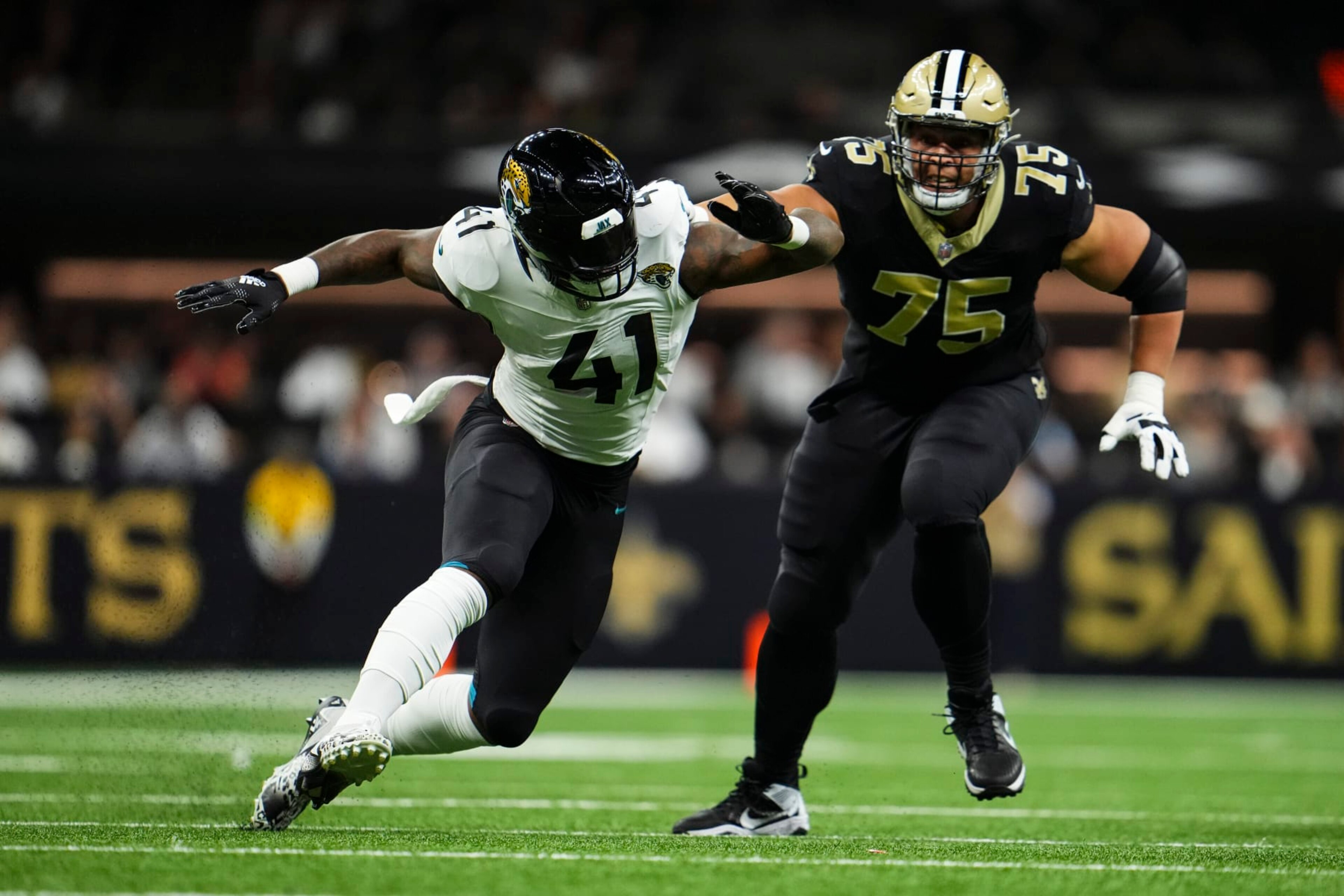 NEW ORLEANS, LA - OCTOBER 19: Josh Allen #41 of the Jacksonville Jaguars rushes the passer during an NFL football game against the New Orleans Saints at Caesars Superdome on October 19, 2023 in New Orleans, Louisiana. (Photo by Cooper Neill/Getty Images) NEW ORLEANS, LA - OCTOBER 19: Josh Allen #41 of the Jacksonville Jaguars rushes the passer during an NFL football game against the New Orleans Saints at Caesars Superdome on October 19, 2023 in New Orleans, Louisiana. (Photo by Cooper Neill/Getty Images)