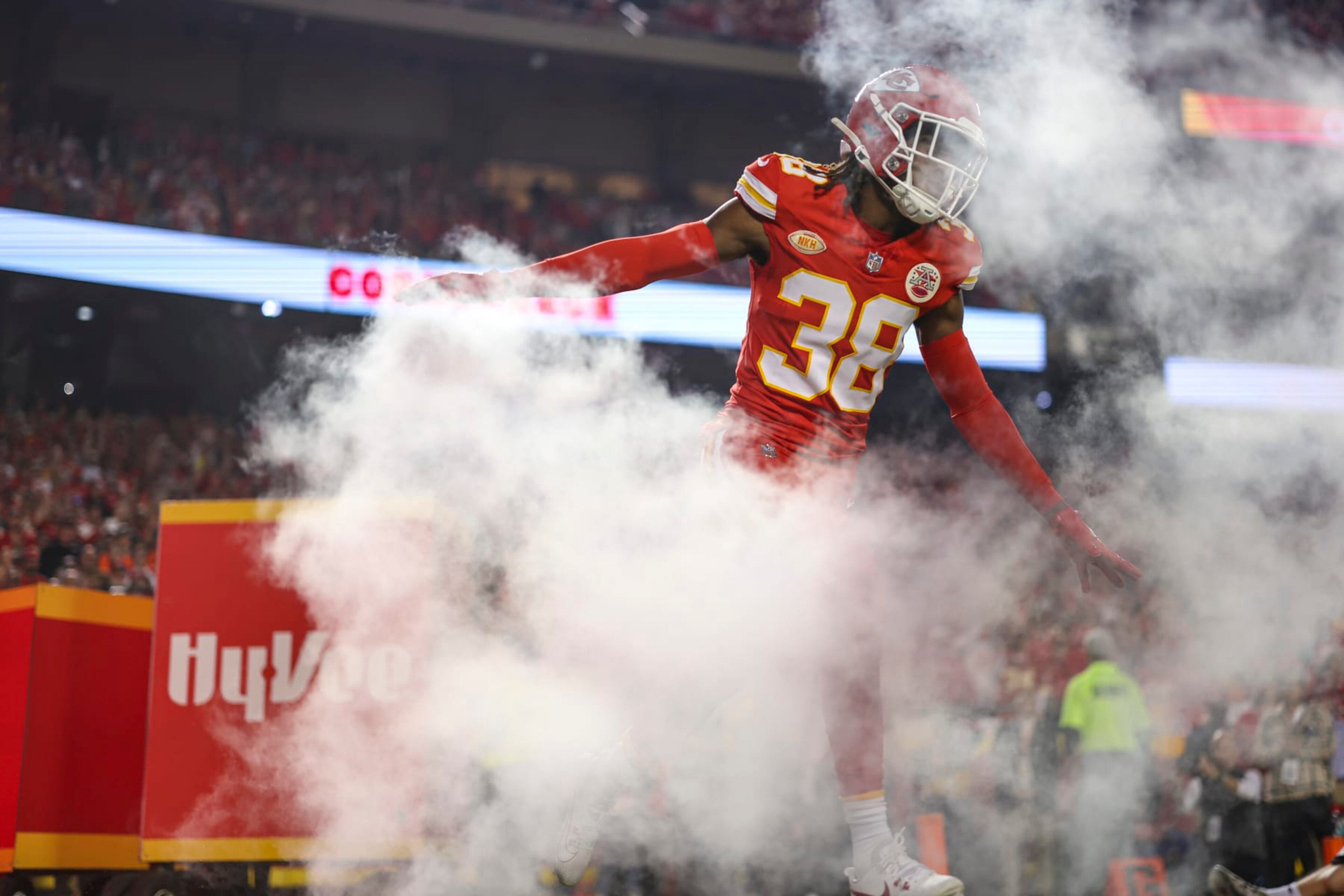 KANSAS CITY, MO - OCTOBER 12: L'Jarius Sneed #38 of the Kansas City Chiefs runs out prior to an NFL football game against the Denver Broncos at GEHA Field at Arrowhead Stadium on October 12, 2023 in Kansas City, Missouri. (Photo by Perry Knotts/Getty Images) KANSAS CITY, MO - OCTOBER 12: L'Jarius Sneed #38 of the Kansas City Chiefs runs out prior to an NFL football game against the Denver Broncos at GEHA Field at Arrowhead Stadium on October 12, 2023 in Kansas City, Missouri. (Photo by Perry Knotts/Getty Images)