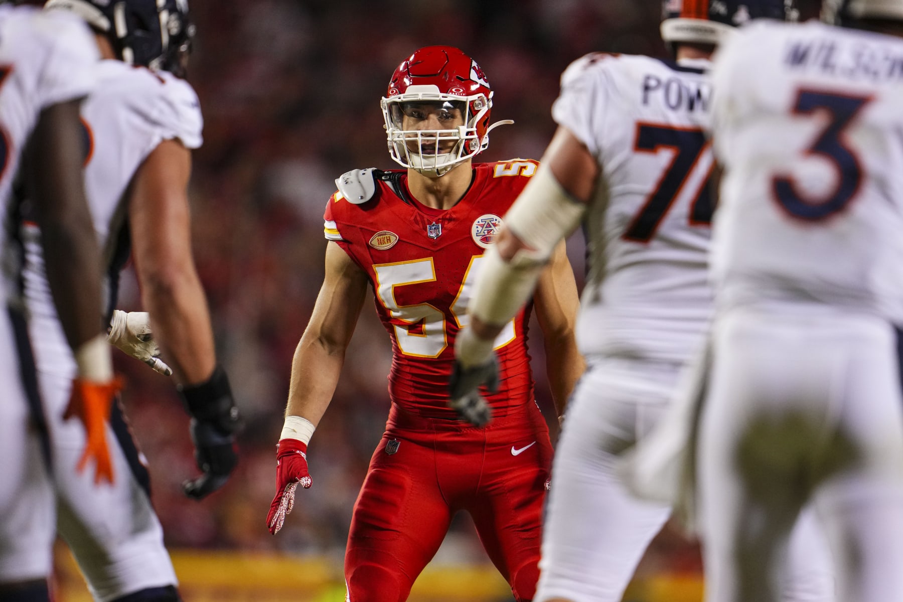 KANSAS CITY, MO - OCTOBER 12: Leo Chenal #54 of the Kansas City Chiefs lines up during an NFL football game against the Denver Broncos at GEHA Field at Arrowhead Stadium on October 12, 2023 in Kansas City, Missouri. (Photo by Cooper Neill/Getty Images)