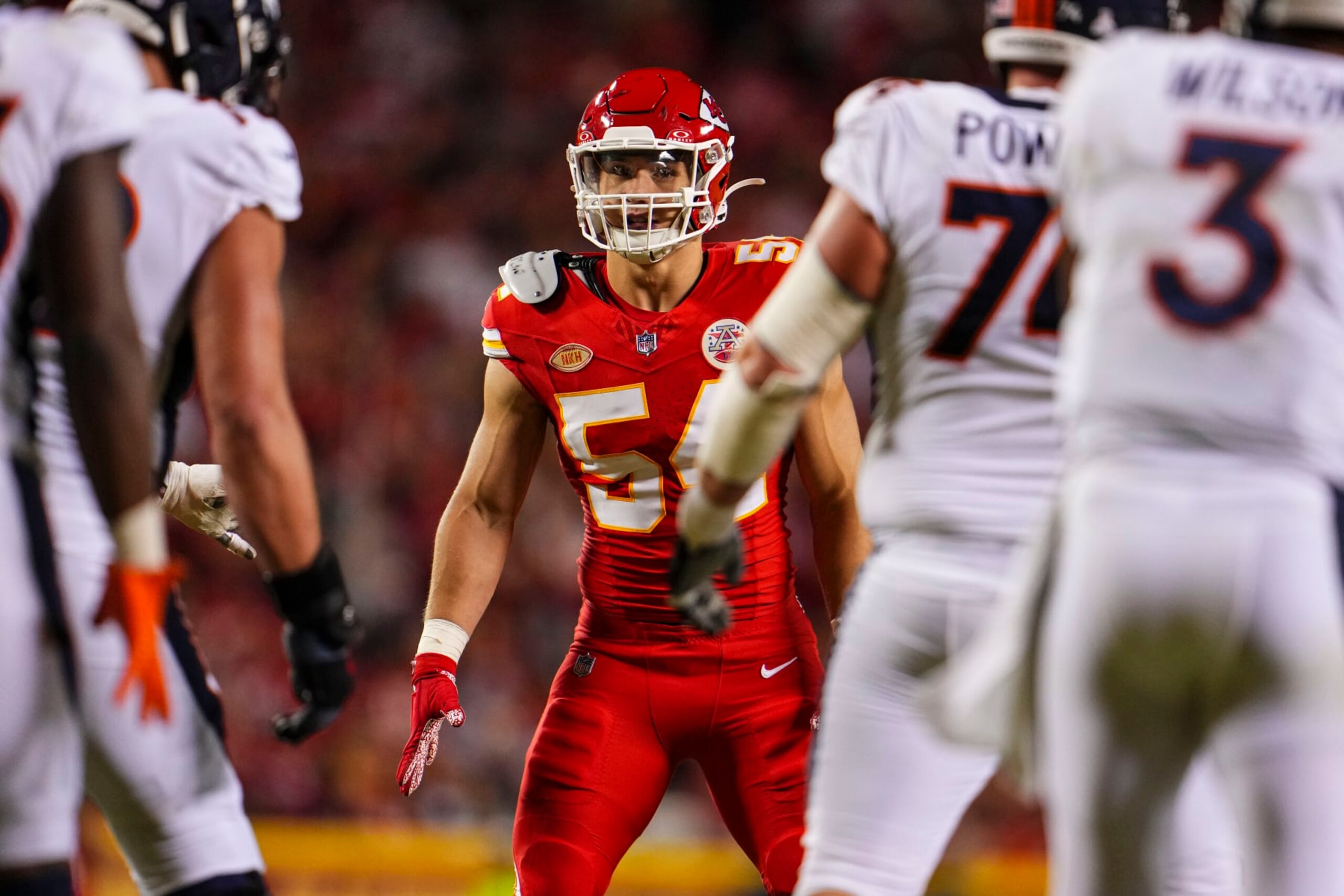 KANSAS CITY, MO - OCTOBER 12: Leo Chenal #54 of the Kansas City Chiefs lines up during an NFL football game against the Denver Broncos at GEHA Field at Arrowhead Stadium on October 12, 2023 in Kansas City, Missouri. (Photo by Cooper Neill/Getty Images) KANSAS CITY, MO - OCTOBER 12: Leo Chenal #54 of the Kansas City Chiefs lines up during an NFL football game against the Denver Broncos at GEHA Field at Arrowhead Stadium on October 12, 2023 in Kansas City, Missouri. (Photo by Cooper Neill/Getty Images)