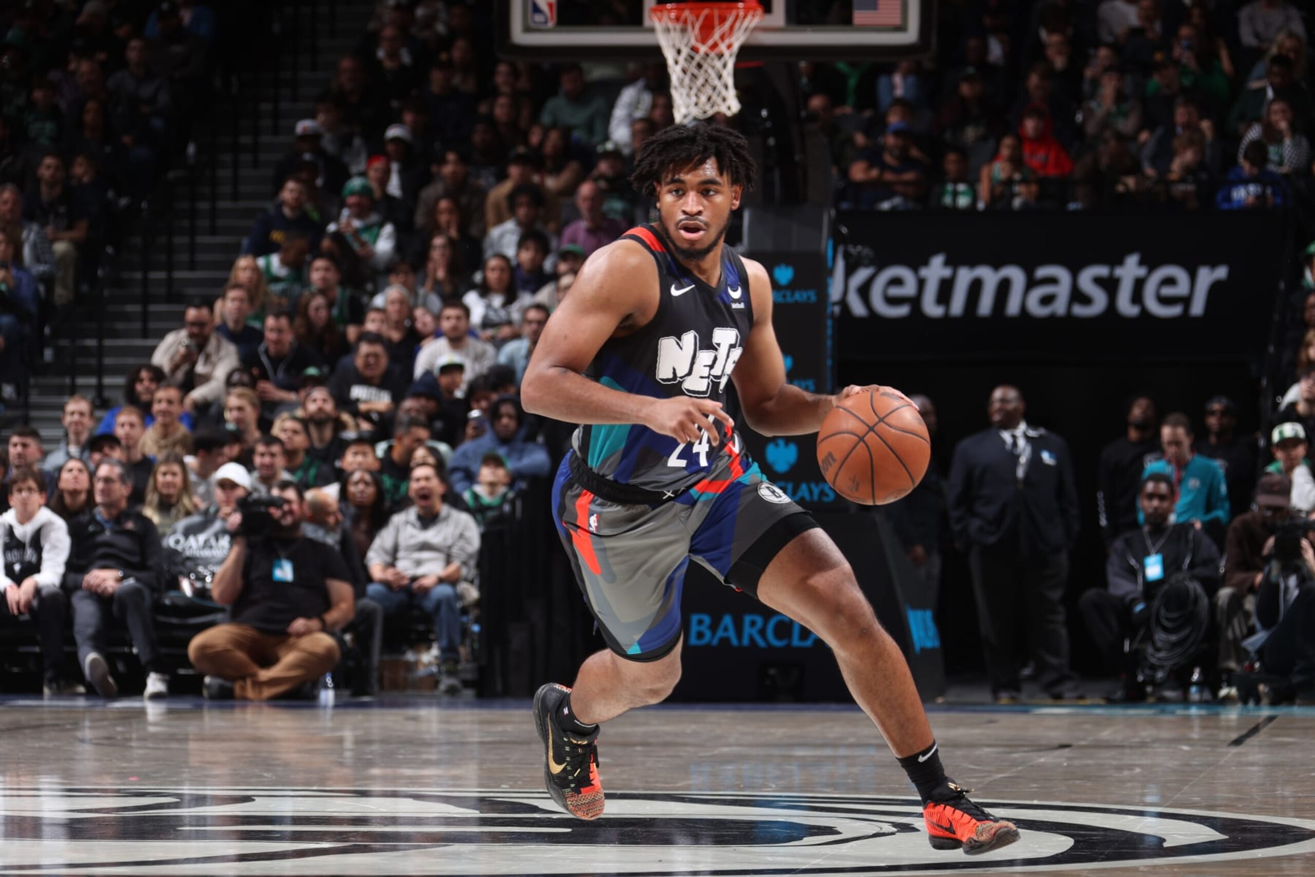 BROOKLYN, NY - NOVEMBER 4: Cam Thomas #24 of the Brooklyn Nets dribbles the ball during the game against the Boston Celtics on November 4, 2023 at the Barclays Center in Brooklyn, New York. NOTE TO USER: User expressly acknowledges and agrees that, by downloading and or using this Photograph, user is consenting to the terms and conditions of the Getty Images License Agreement. Mandatory Copyright Notice: Copyright 2023 NBAE (Photo by Nathaniel S. Butler/NBAE via Getty Images)