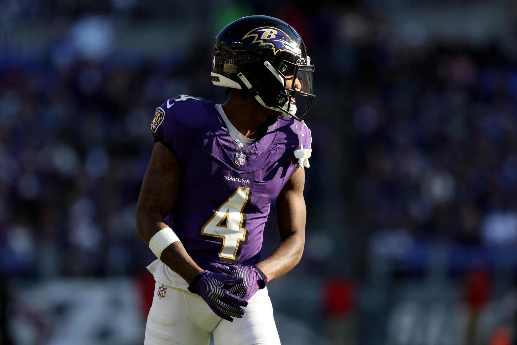 BALTIMORE, MARYLAND - NOVEMBER 05: Zay Flowers #4 of the Baltimore Ravens lines up on the field during the second half in the game against the Seattle Seahawks at M&T Bank Stadium on November 05, 2023 in Baltimore, Maryland. (Photo by Patrick Smith/Getty Images)