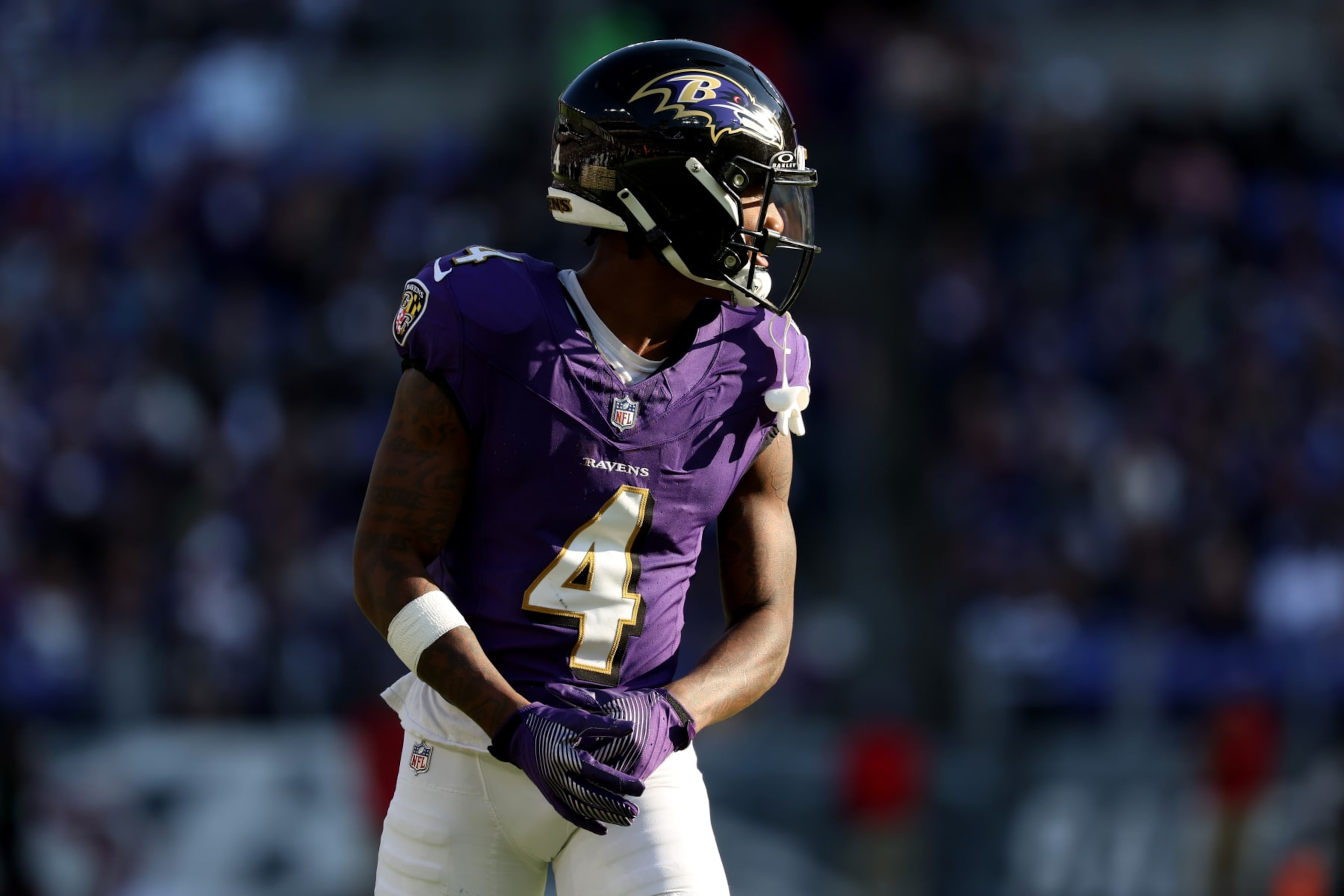 BALTIMORE, MARYLAND - NOVEMBER 05: Zay Flowers #4 of the Baltimore Ravens lines up on the field during the second half in the game against the Seattle Seahawks at M&T Bank Stadium on November 05, 2023 in Baltimore, Maryland. (Photo by Patrick Smith/Getty Images)