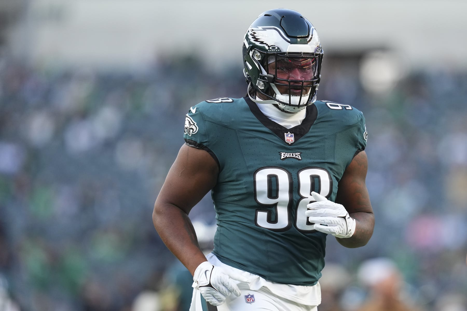 PHILADELPHIA, PENNSYLVANIA - NOVEMBER 5: Jalen Carter #98 of the Philadelphia Eagles looks on against the Dallas Cowboys at Lincoln Financial Field on November 5, 2023 in Philadelphia, Pennsylvania. (Photo by Mitchell Leff/Getty Images)