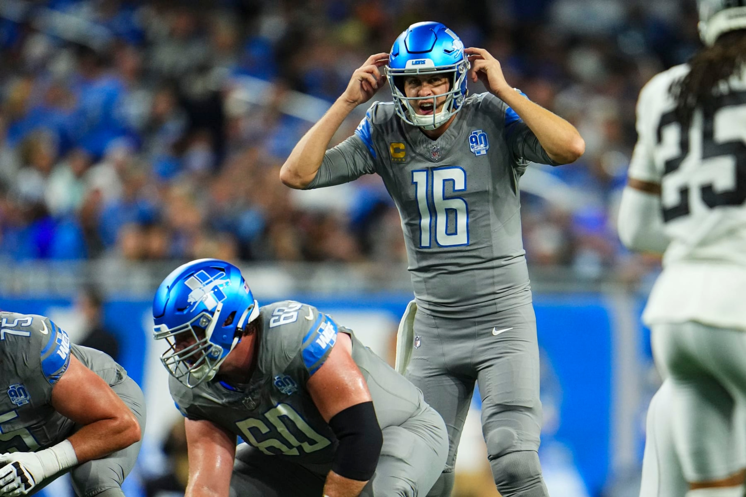 DETROIT, MI - OCTOBER 30: Jared Goff #16 of the Detroit Lions sets up during an NFL game against the Las Vegas Raiders at Ford Field on October 30, 2023 in Detroit, Michigan. (Photo by Cooper Neill/Getty Images) DETROIT, MI - OCTOBER 30: Jared Goff #16 of the Detroit Lions sets up during an NFL game against the Las Vegas Raiders at Ford Field on October 30, 2023 in Detroit, Michigan. (Photo by Cooper Neill/Getty Images)