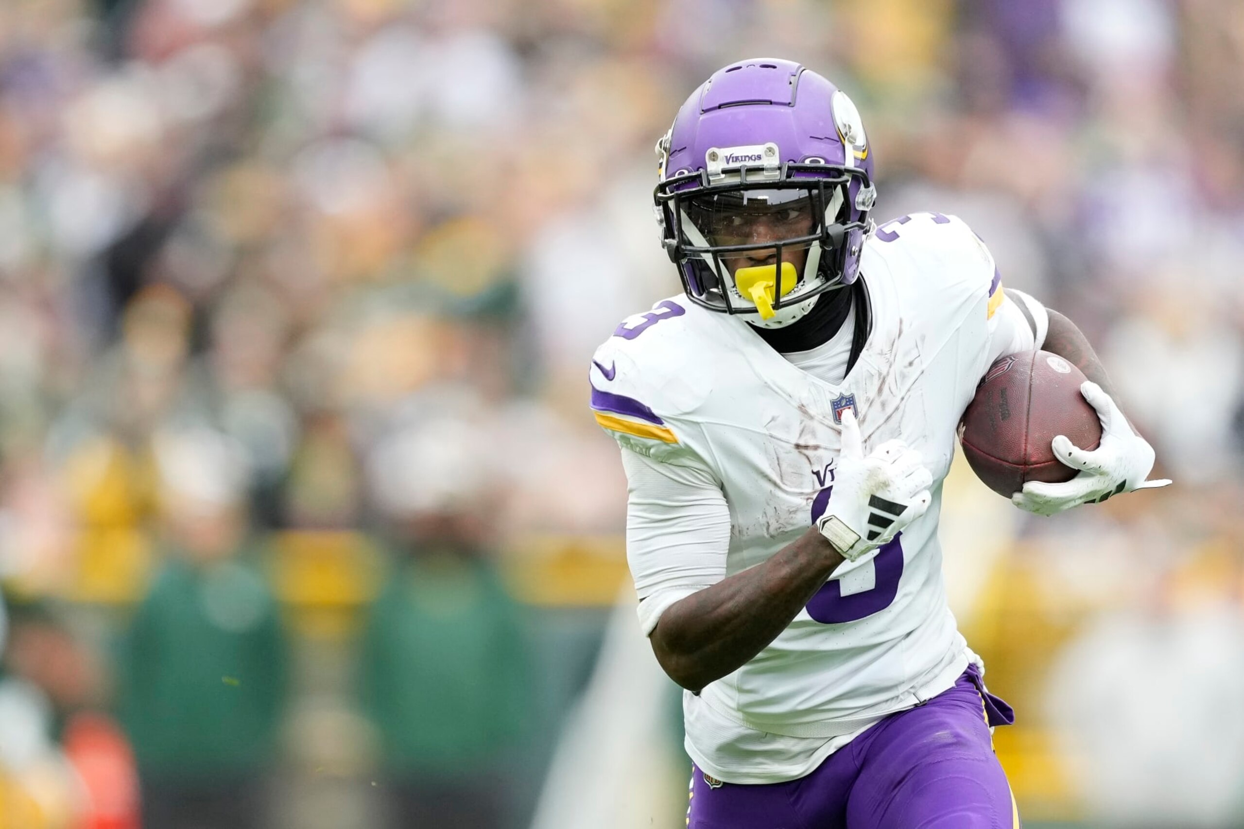 GREEN BAY, WISCONSIN - OCTOBER 29: Jordan Addison #3 of the Minnesota Vikings runs with the ball against the Green Bay Packers in the first half at Lambeau Field on October 29, 2023 in Green Bay, Wisconsin. (Photo by Patrick McDermott/Getty Images) GREEN BAY, WISCONSIN - OCTOBER 29: Jordan Addison #3 of the Minnesota Vikings runs with the ball against the Green Bay Packers in the first half at Lambeau Field on October 29, 2023 in Green Bay, Wisconsin. (Photo by Patrick McDermott/Getty Images)
