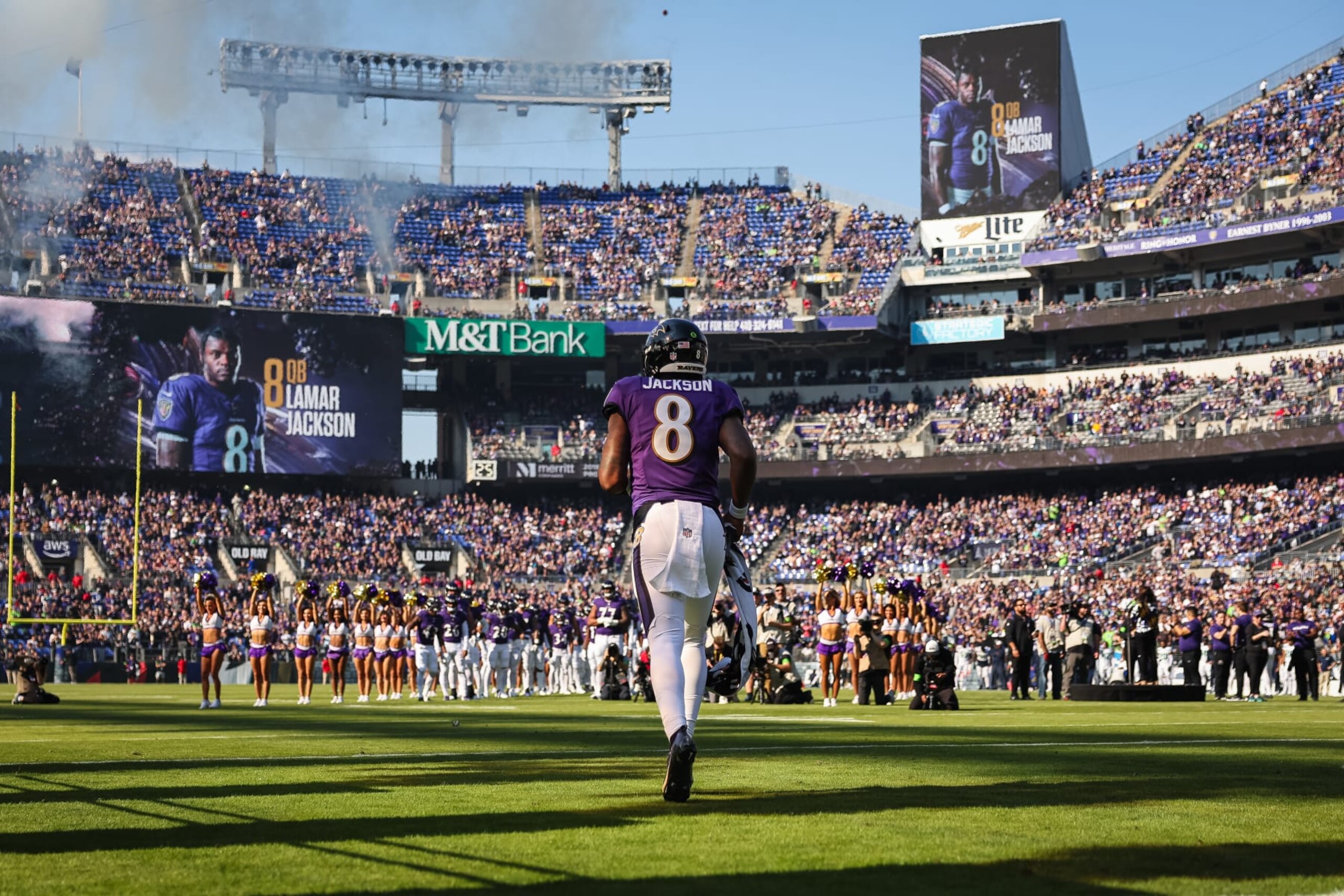 BALTIMORE, MD - NOVEMBER 05: Lamar Jackson #8 of the Baltimore Ravens takes the field before the game against the Seattle Seahawks at M&T Bank Stadium on November 5, 2023 in Baltimore, Maryland. (Photo by Scott Taetsch/Getty Images)