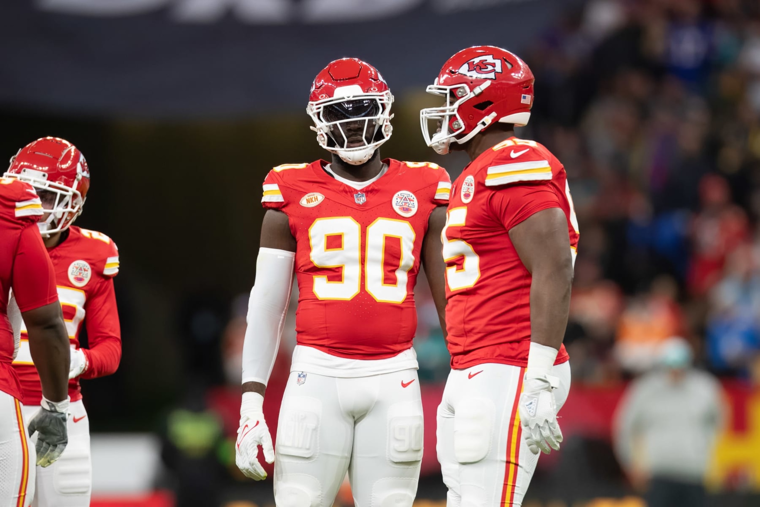 FRANKFURT AM MAIN, GERMANY - NOVEMBER 5: Charles Omenihu of Kansas City Chiefs and Chris Jones of Kansas City Chiefs look on during the NFL match between Miami Dolphins and Kansas City Chiefs at Deutsche Bank Park on November 5, 2023 in Frankfurt am Main, Germany. (Photo by Mario Hommes/DeFodi Images via Getty Images)