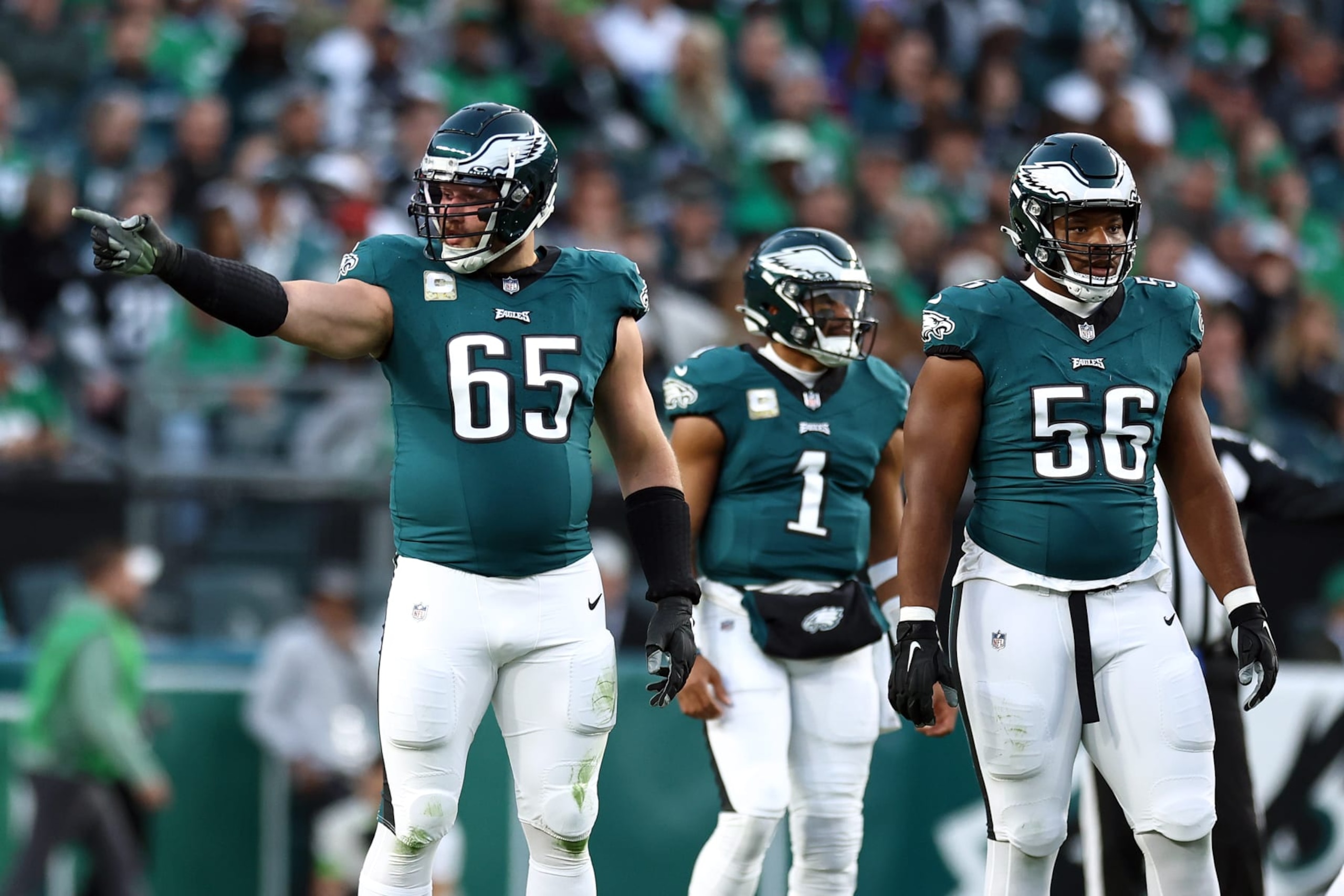 PHILADELPHIA, PENNSYLVANIA - NOVEMBER 05: Lane Johnson #65 and Tyler Steen #56 of the Philadelphia Eagles look on against the Dallas Cowboys at Lincoln Financial Field on November 05, 2023 in Philadelphia, Pennsylvania. (Photo by Tim Nwachukwu/Getty Images)