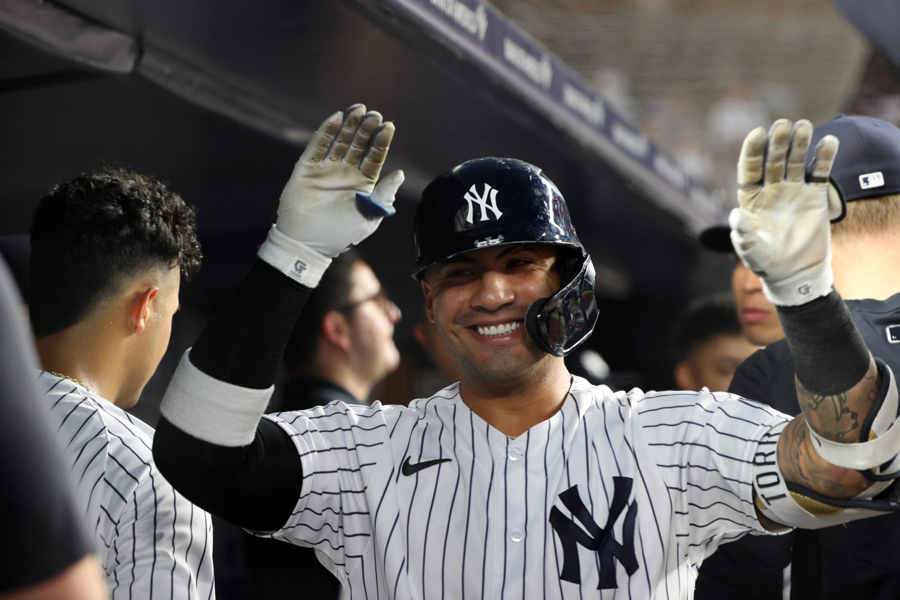 NEW YORK, NY - SEPTEMBER 7: Gleyber Torres #25 of the New York Yankees celebrates after hitting a home run during a game against the Detroit Tigers at Yankee Stadium on September 7, 2023, in New York, New York. (Photo by New York Yankees/Getty Images)
