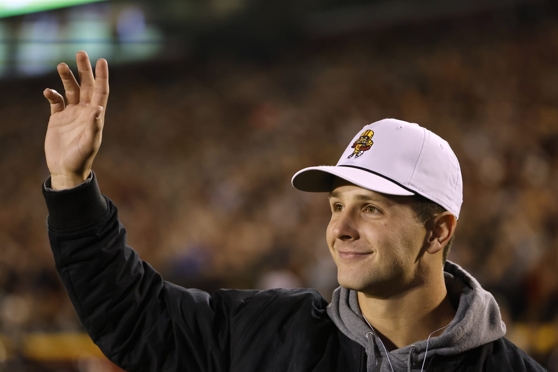AMES, IA - NOVEMBER 4: Former Iowa State Cyclones quarterback Brock Purdy waves to the home crowd as they take on the Kansas Jayhawks in the first half of play at Jack Trice Stadium on November 4, 2023 in Ames, Iowa. (Photo by David K Purdy/Getty Images)