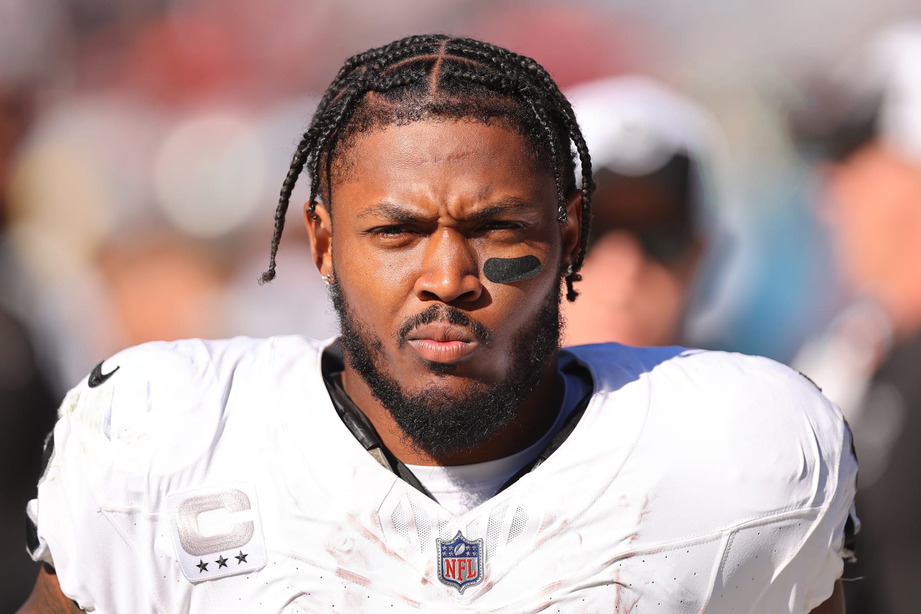 CHICAGO, ILLINOIS - OCTOBER 22: Josh Jacobs #8 of the Las Vegas Raiders looks on against the Chicago Bears at Soldier Field on October 22, 2023 in Chicago, Illinois. (Photo by Michael Reaves/Getty Images)