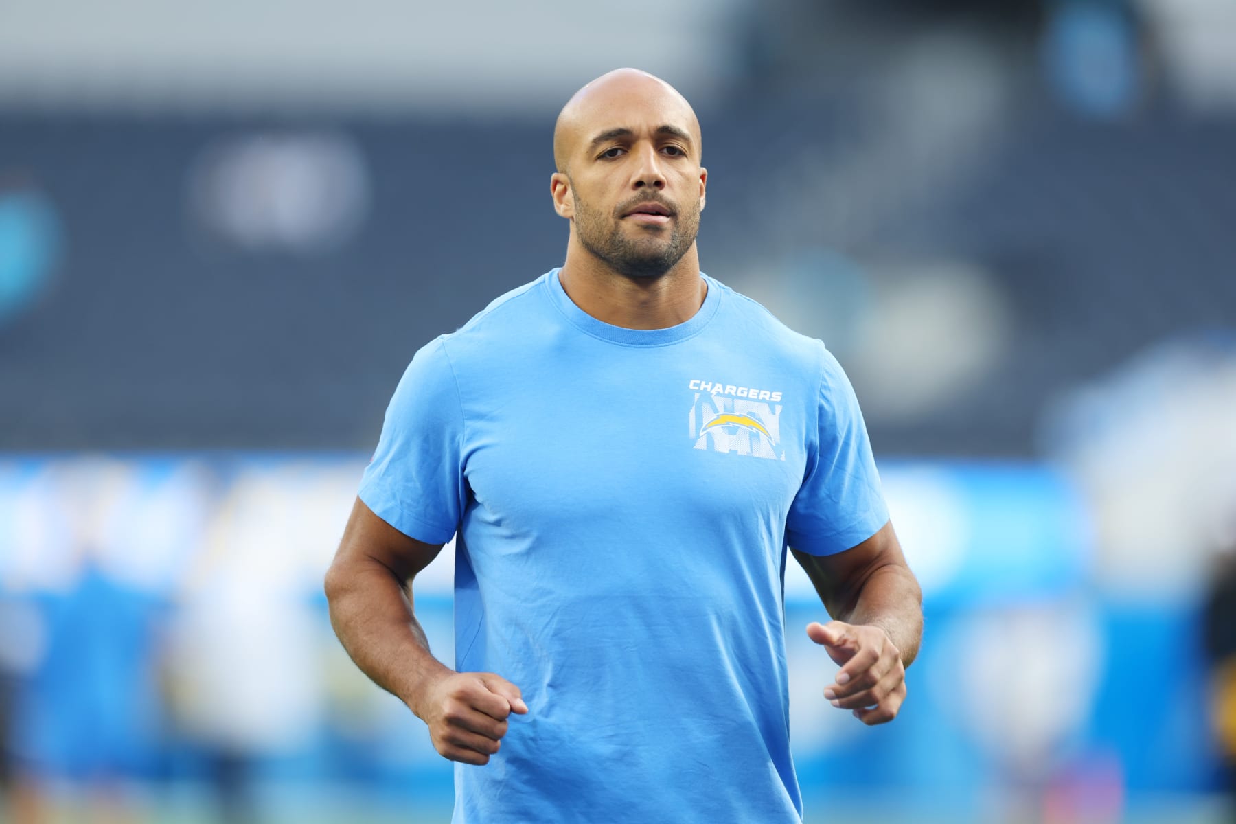 INGLEWOOD, CALIFORNIA - OCTOBER 29: Austin Ekeler #30 of the Los Angeles Chargers warms up before the game against the Chicago Bears at SoFi Stadium on October 29, 2023 in Inglewood, California. (Photo by Joe Scarnici/Getty Images)
