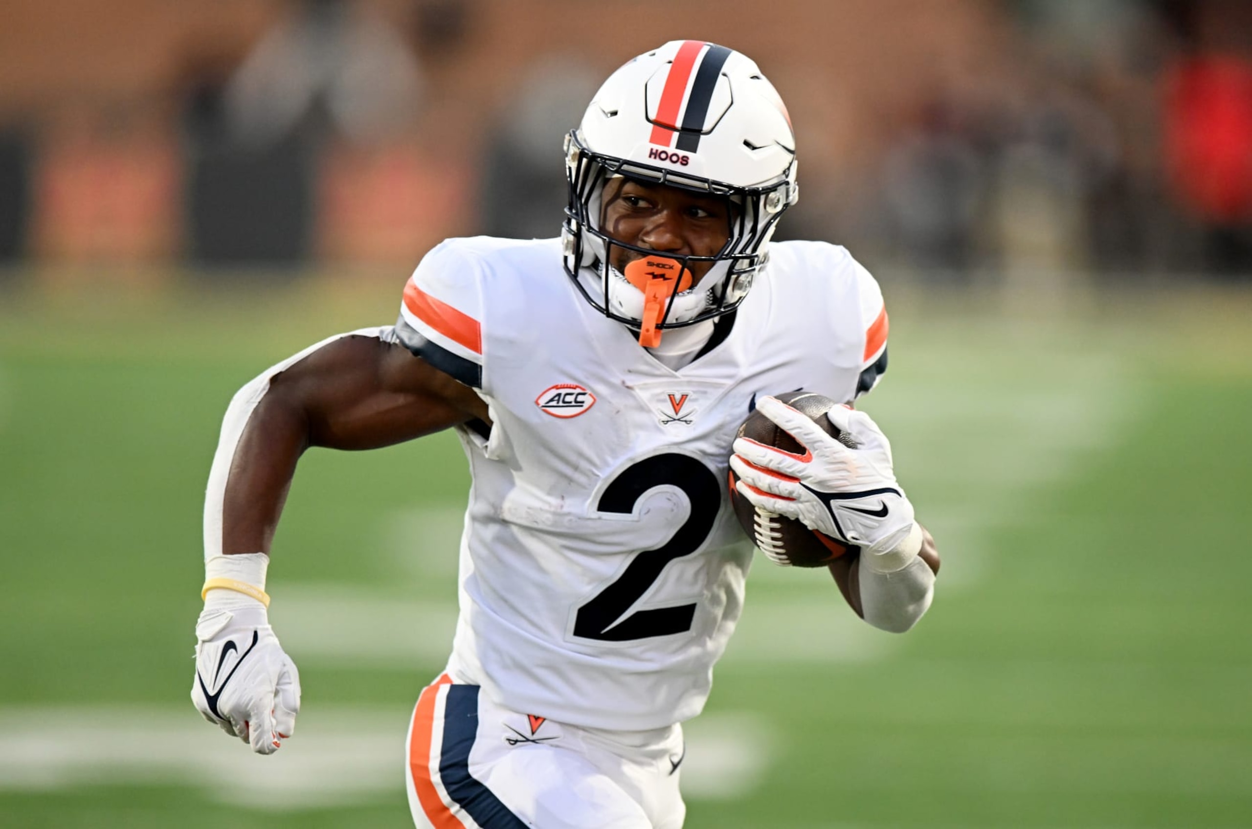 COLLEGE PARK, MARYLAND - SEPTEMBER 15: Perris Jones #2 of the Virginia Cavaliers rushes for a touchdown against the Maryland Terrapins at SECU Stadium on September 15, 2023 in College Park, Maryland. (Photo by G Fiume/Getty Images)