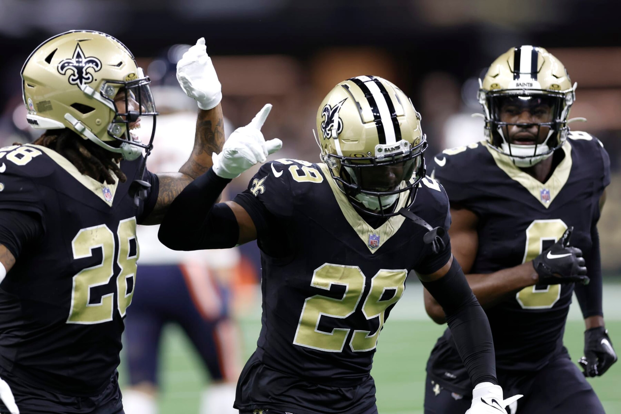 NEW ORLEANS, LOUISIANA - NOVEMBER 05: Paulson Adebo #29 of the New Orleans Saints celebrates after an interception during the first half in the game against the Chicago Bears at Caesars Superdome on November 05, 2023 in New Orleans, Louisiana. (Photo by Wesley Hitt/Getty Images)