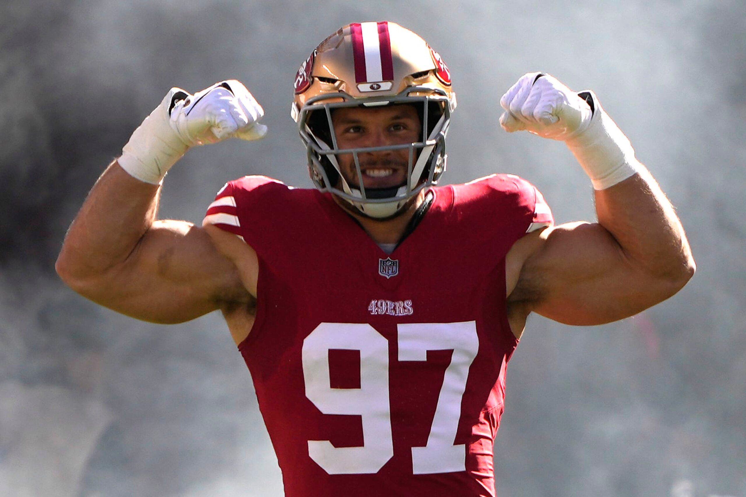 SANTA CLARA, CALIFORNIA - OCTOBER 29: Nick Bosa #97 of the San Francisco 49ers walks onto the field before the game against the Cincinnati Bengals at Levi's Stadium on October 29, 2023 in Santa Clara, California. (Photo by Thearon W. Henderson/Getty Images)