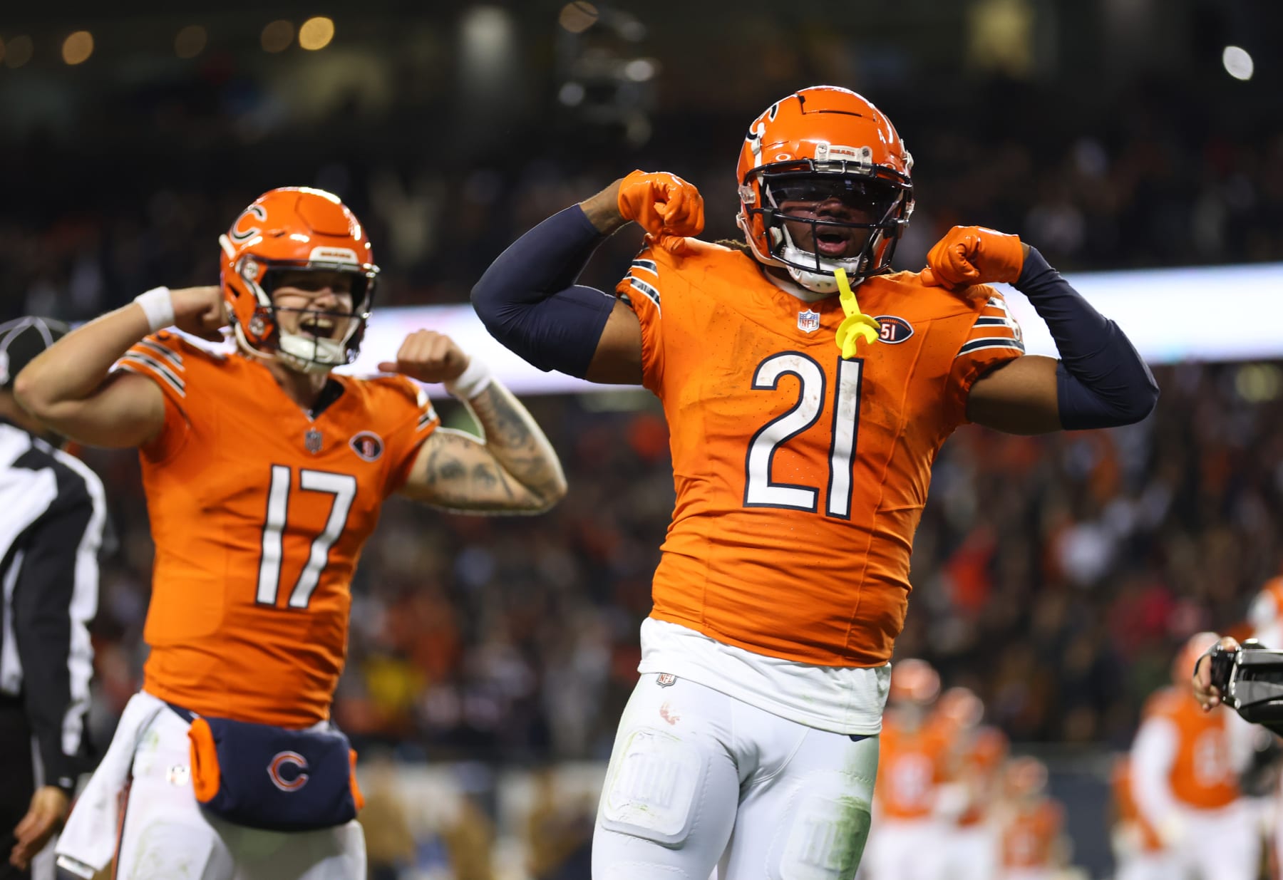 CHICAGO, ILLINOIS - NOVEMBER 09: D'Onta Foreman #21 of the Chicago Bears celebrates after a touchdown during the third quarter against the Carolina Panthers at Soldier Field on November 09, 2023 in Chicago, Illinois. (Photo by Michael Reaves/Getty Images)