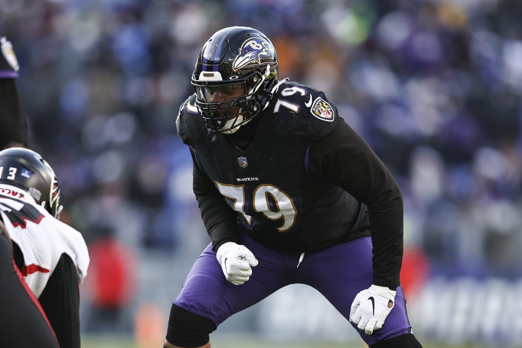 BALTIMORE, MARYLAND - DECEMBER 24: Ronnie Stanley #79 of the Baltimore Ravens lines up during an NFL football game between the Baltimore Ravens and the Atlanta Falcons at M&T Bank Stadium on December 24, 2022 in Baltimore, Maryland. (Photo by Michael Owens/Getty Images)