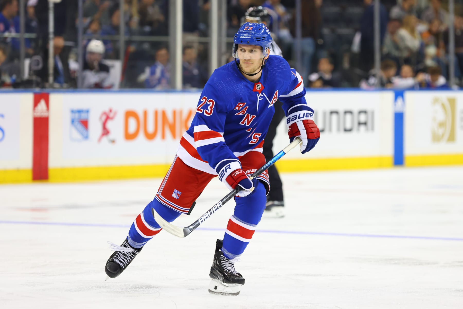 NEWARK, NJ - September 28:  Adam Fox #23 of the New York Rangers skates during the preseason game against the New Jersey Devils on September 28, 2023 at Madison Square Garden in New York, New York.    (Photo by Rich Graessle/Getty Images)