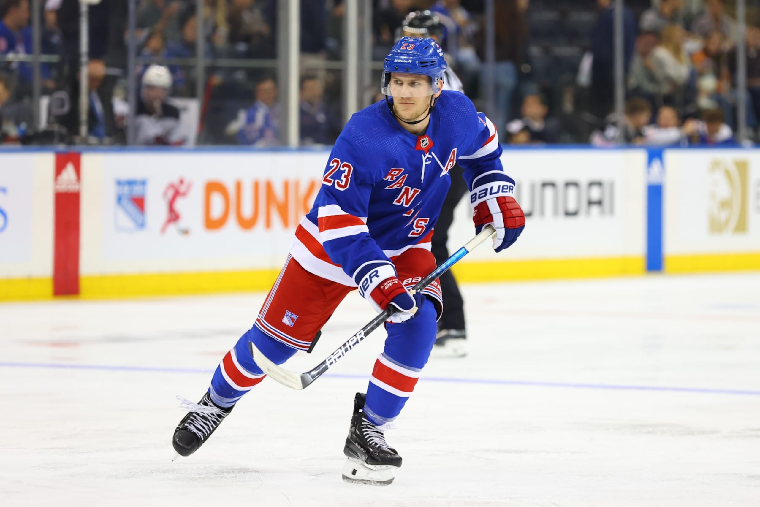 NEWARK, NJ - September 28: Adam Fox #23 of the New York Rangers skates during the preseason game against the New Jersey Devils on September 28, 2023 at Madison Square Garden in New York, New York. (Photo by Rich Graessle/Getty Images) NEWARK, NJ - September 28: Adam Fox #23 of the New York Rangers skates during the preseason game against the New Jersey Devils on September 28, 2023 at Madison Square Garden in New York, New York. (Photo by Rich Graessle/Getty Images)