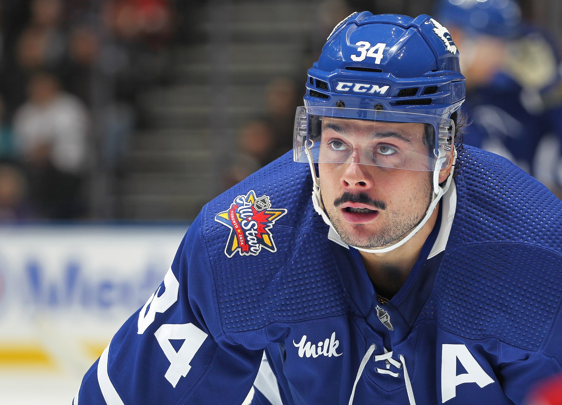 TORONTO, CANADA - NOVEMBER 8:  Auston Matthews #34 of the Toronto Maple Leafs waits for a faceoff against the Ottawa Senators during the second period of an NHL game at Scotiabank Arena on November 8, 2023 in Toronto, Ontario, Canada. The Senators defeated the Maple Leafs 6-3. (Photo by Claus Andersen/Getty Images)