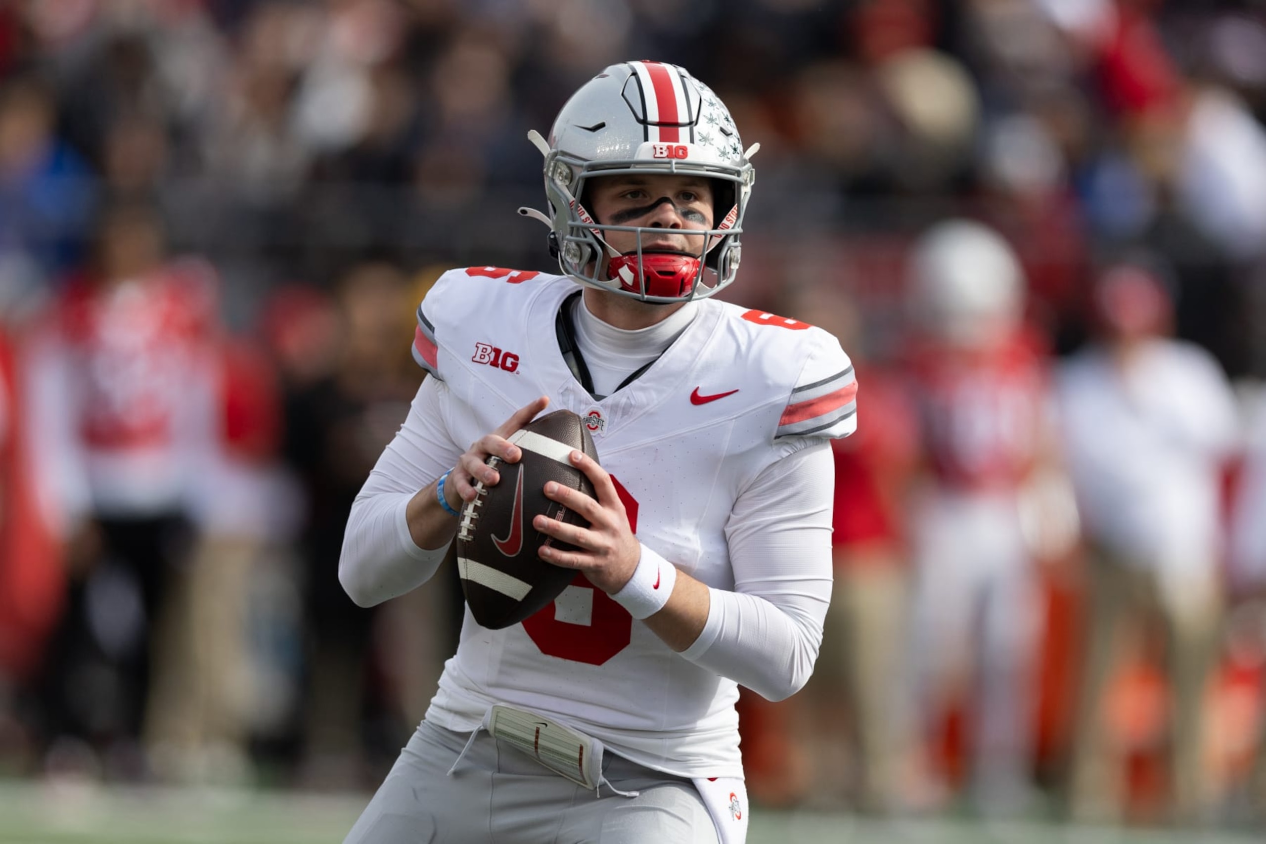 PISCATAWAY, NJ - NOVEMBER 04:  Kyle McCord #6 of the Ohio State Buckeyes during the game against the Rutgers Scarlet Knights on November 4, 2023 at SHI Stadium in Piscataway, New Jersey.  (Photo by Rich Graessle/Icon Sportswire via Getty Images)