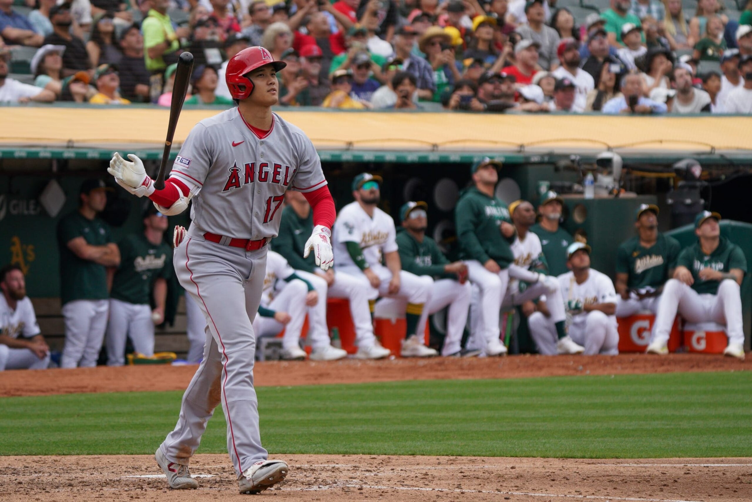 OAKLAND, CA - SEPTEMBER 02: Shohei Ohtani #17 of the Los Angeles Angels bats during the game between the Los Angeles Angels and the Oakland Athletics at RingCentral Coliseum on Saturday, September 2, 2023 in Oakland, California. (Photo by Loren Elliott/MLB Photos via Getty Images)